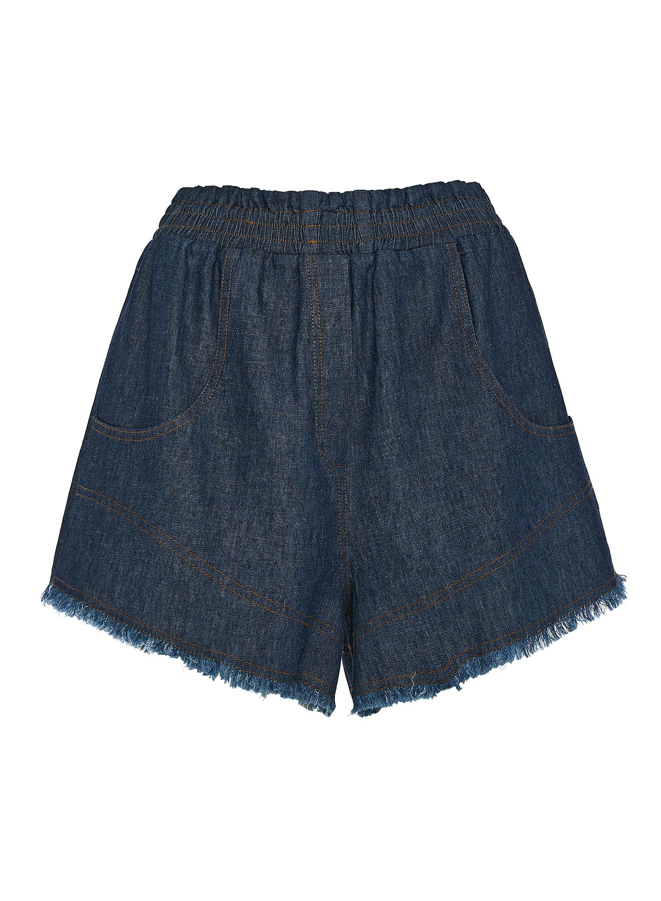 Dark Blue Denim Shorts with frayed finish and elastic waistband Milla - 1