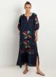 Navy Blue-Gold linen long Dress AEOLIS Greek Archaic Kori - 0