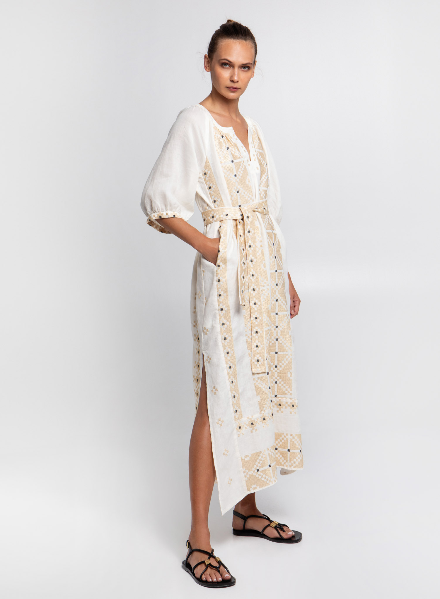 Φυσικό -Χρυσό Φόρεμα Pixel με ζώνη, στρογγυλή λαιμόκοψη με V, κοντά μανίκια και ανοίγματα στο πλάι Greek Archaic Kori - 0