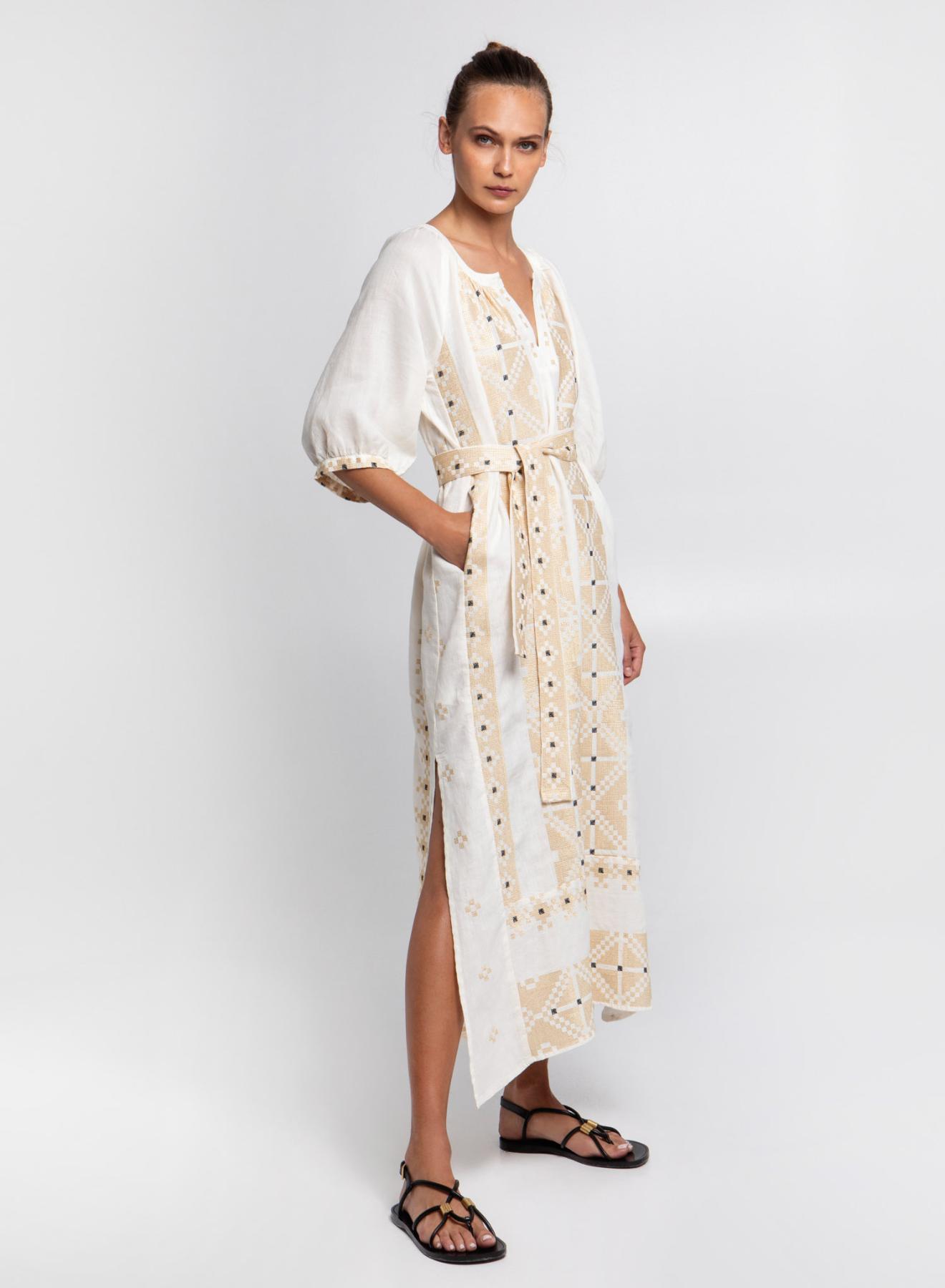 Φυσικό -Χρυσό Φόρεμα Pixel με ζώνη, στρογγυλή λαιμόκοψη με V, κοντά μανίκια και ανοίγματα στο πλάι Greek Archaic Kori - 1