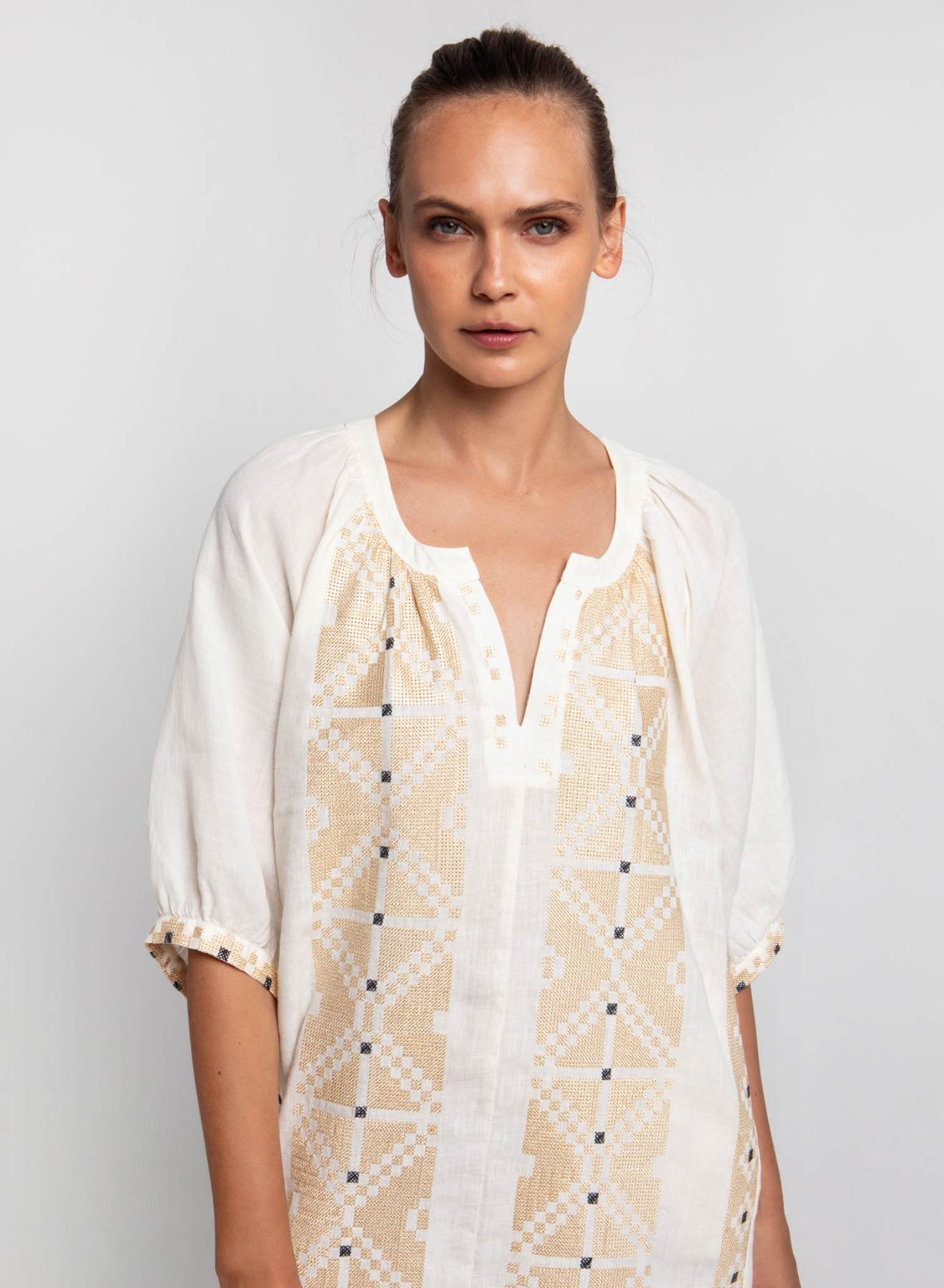 Φυσικό -Χρυσό Φόρεμα Pixel με ζώνη, στρογγυλή λαιμόκοψη με V, κοντά μανίκια και ανοίγματα στο πλάι Greek Archaic Kori - 2