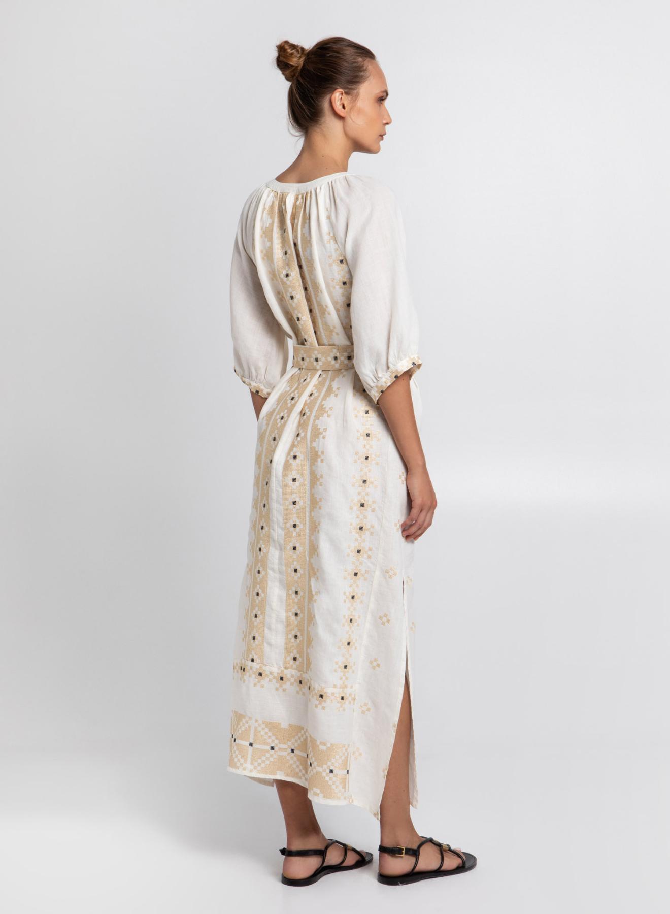 Φυσικό -Χρυσό Φόρεμα Pixel με ζώνη, στρογγυλή λαιμόκοψη με V, κοντά μανίκια και ανοίγματα στο πλάι Greek Archaic Kori - 3