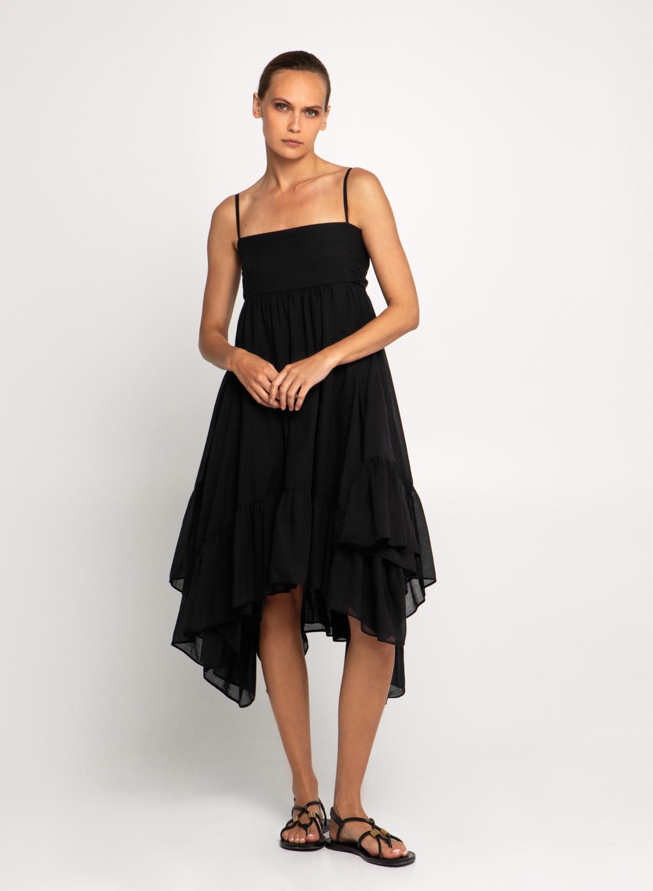 Black Dress with asymetrical hem and with thin straps Greek Archaic Kori - 1