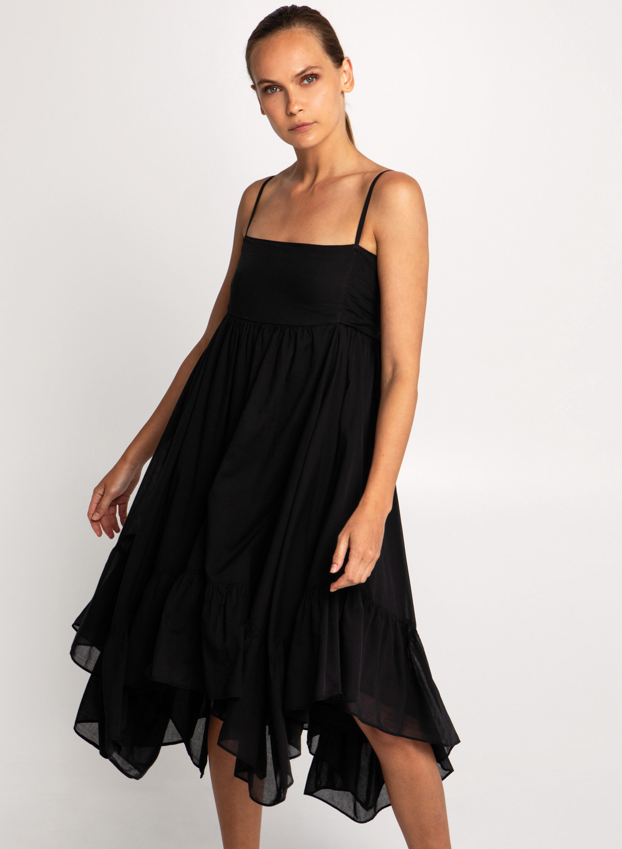 Black Dress with asymetrical hem and with thin straps Greek Archaic Kori - 1