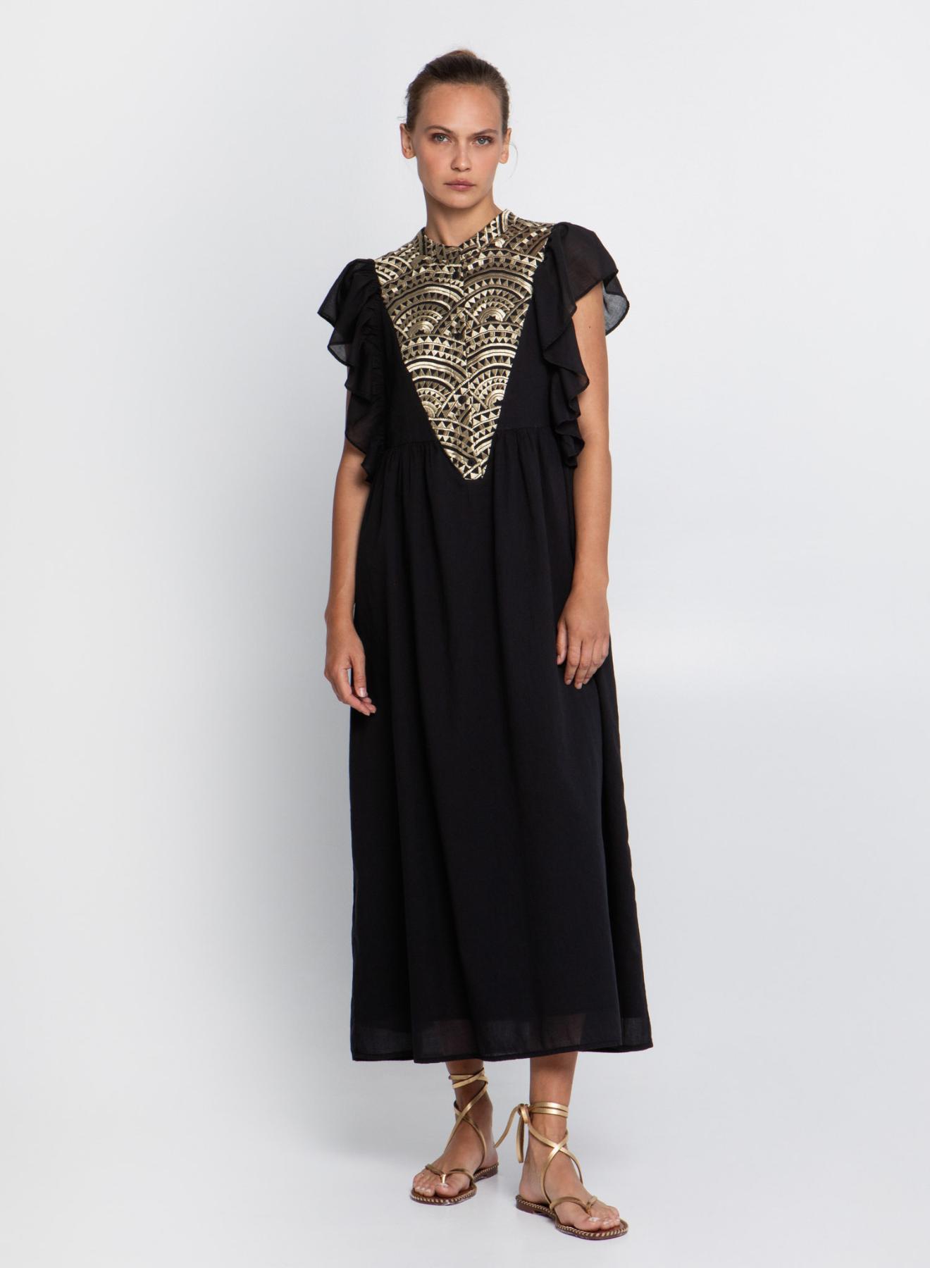 Black-Gold New Triangle Dress with ruffles and round neckline with buttons Greek Archaic Kori - 1