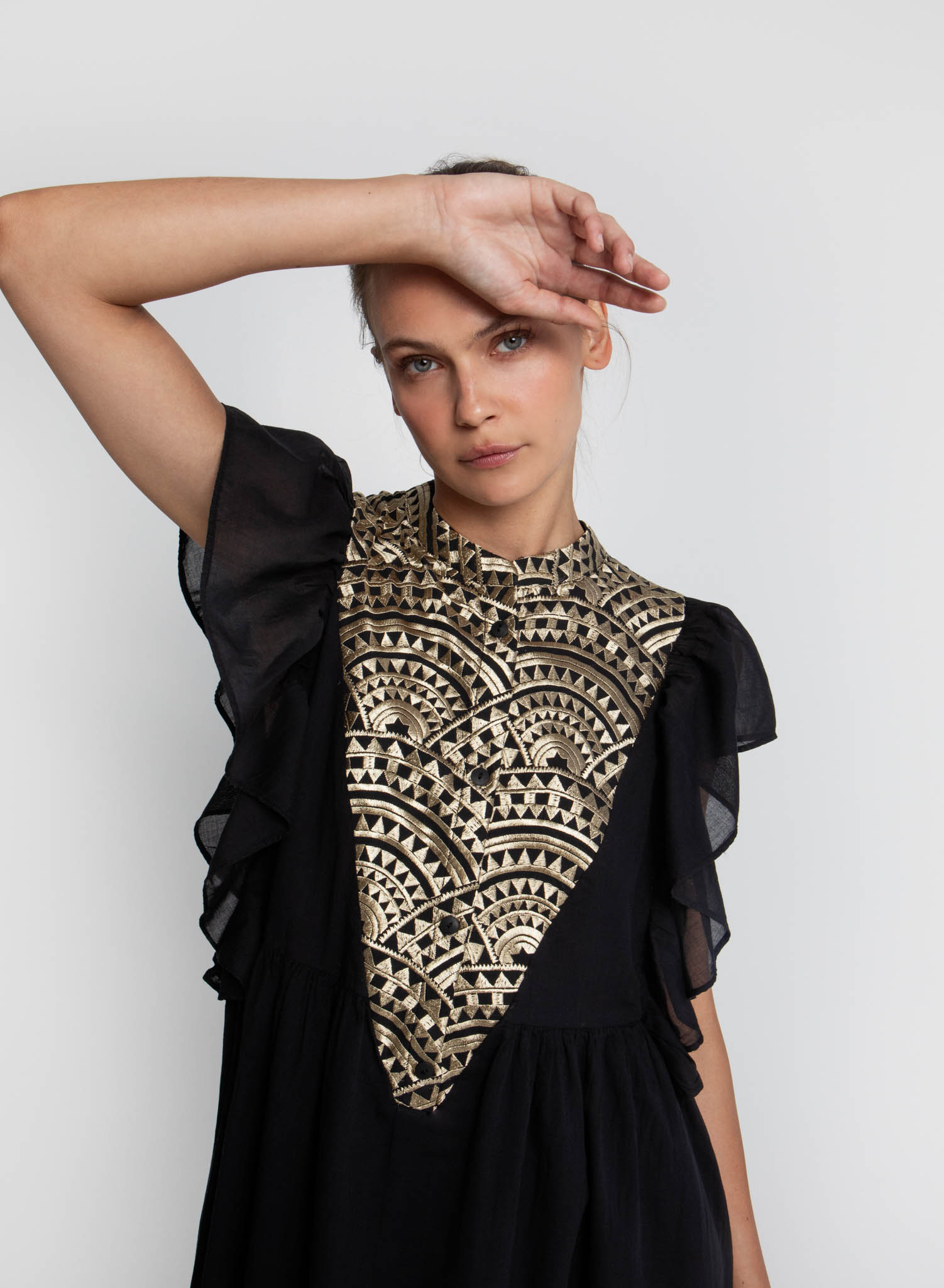 Black-Gold New Triangle Dress with ruffles and round neckline with buttons Greek Archaic Kori - 1