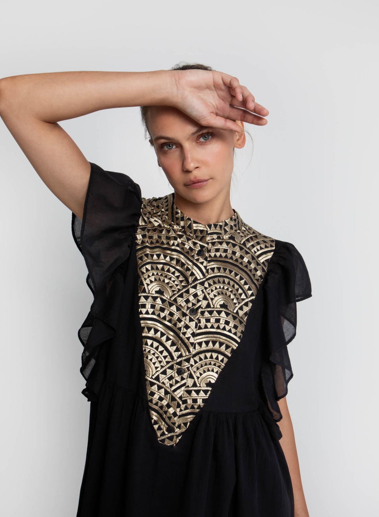 Black-Gold New Triangle Dress with ruffles and round neckline with buttons Greek Archaic Kori - 2