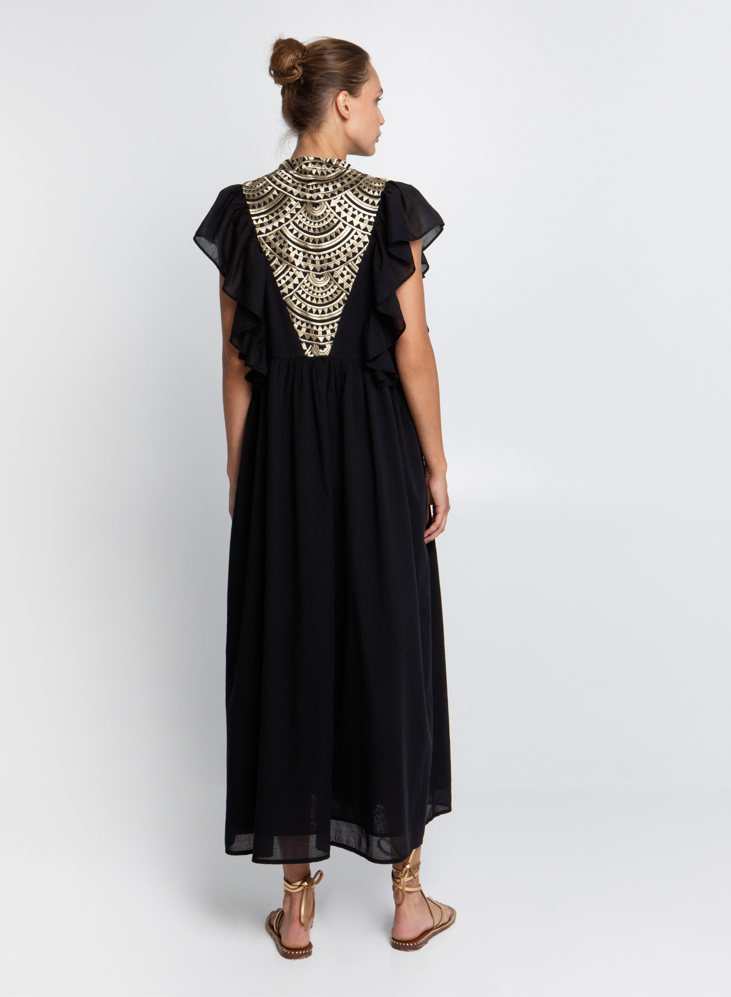 Black-Gold New Triangle Dress with ruffles and round neckline with buttons Greek Archaic Kori - 2
