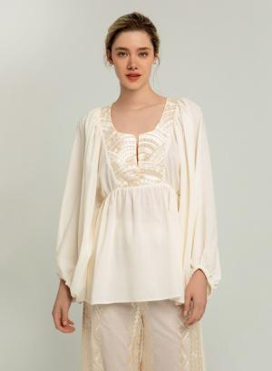 Natural-Champagne New Triangle Blouse with long ballon sleeves Greek Archaic Kori - 39733