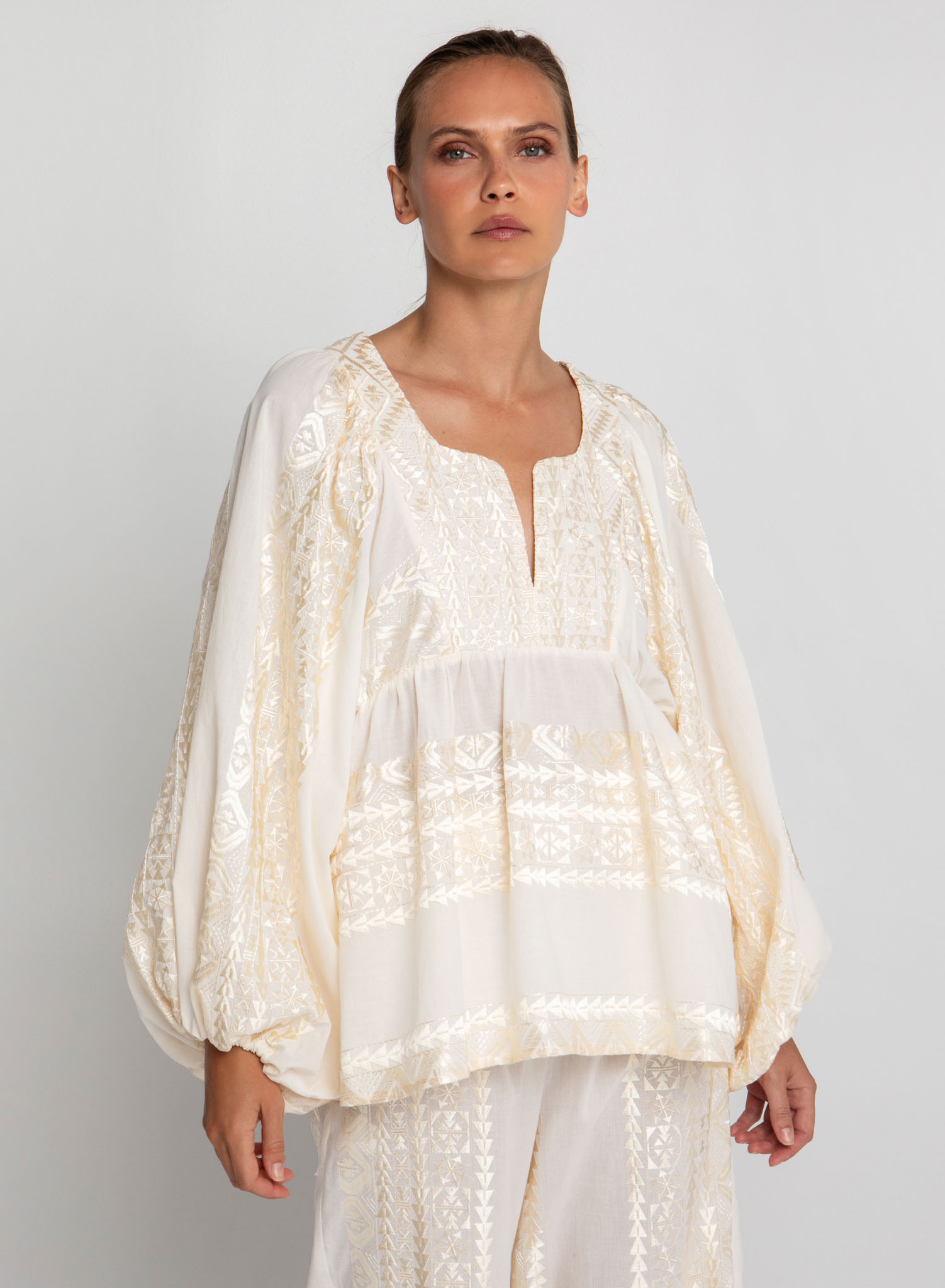 Natural-Champagne Classic Triangle Blouse with long ballon sleeves Greek Archaic Kori - 1