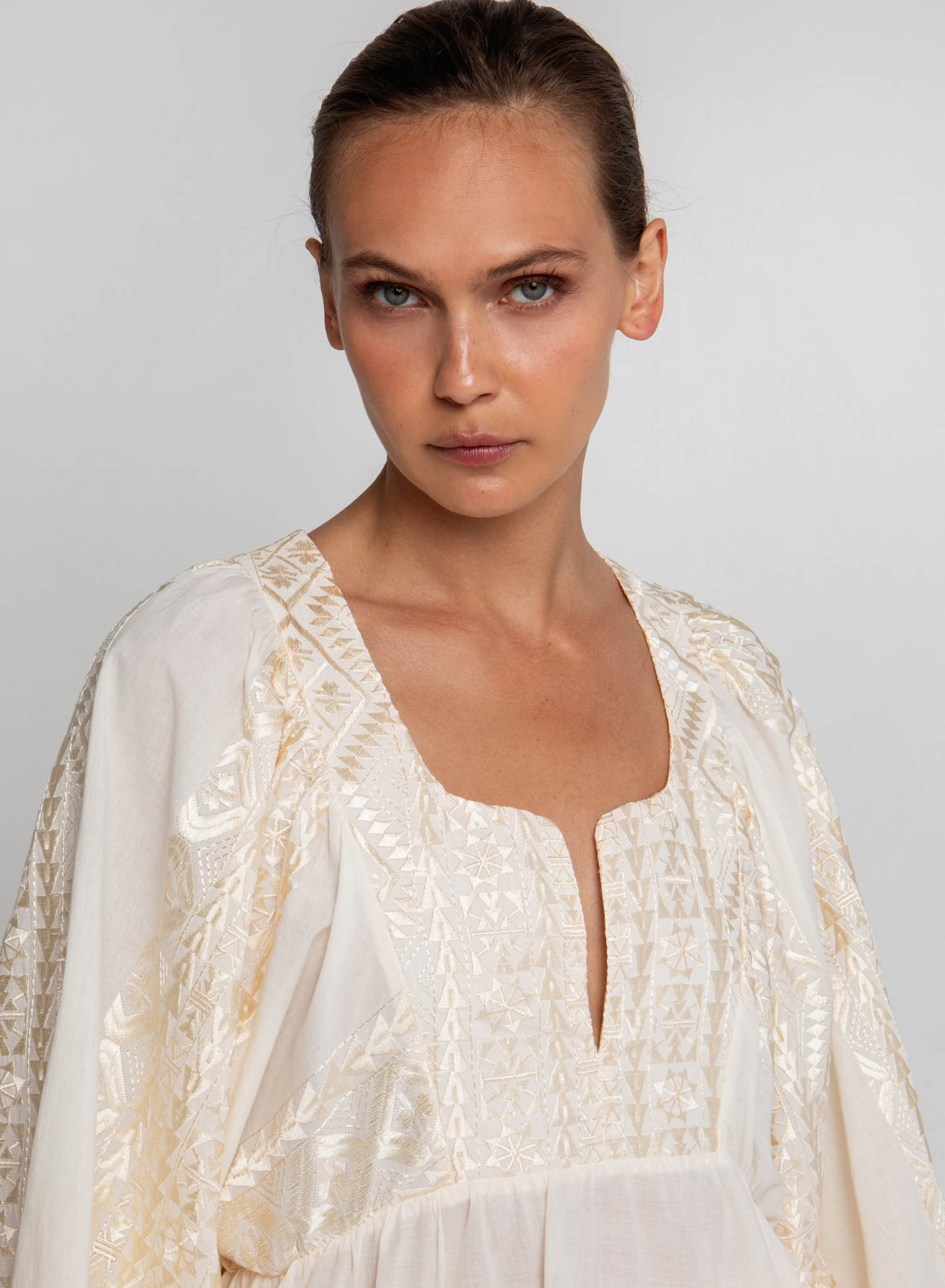 Natural-Champagne Classic Triangle Blouse with long ballon sleeves Greek Archaic Kori - 2