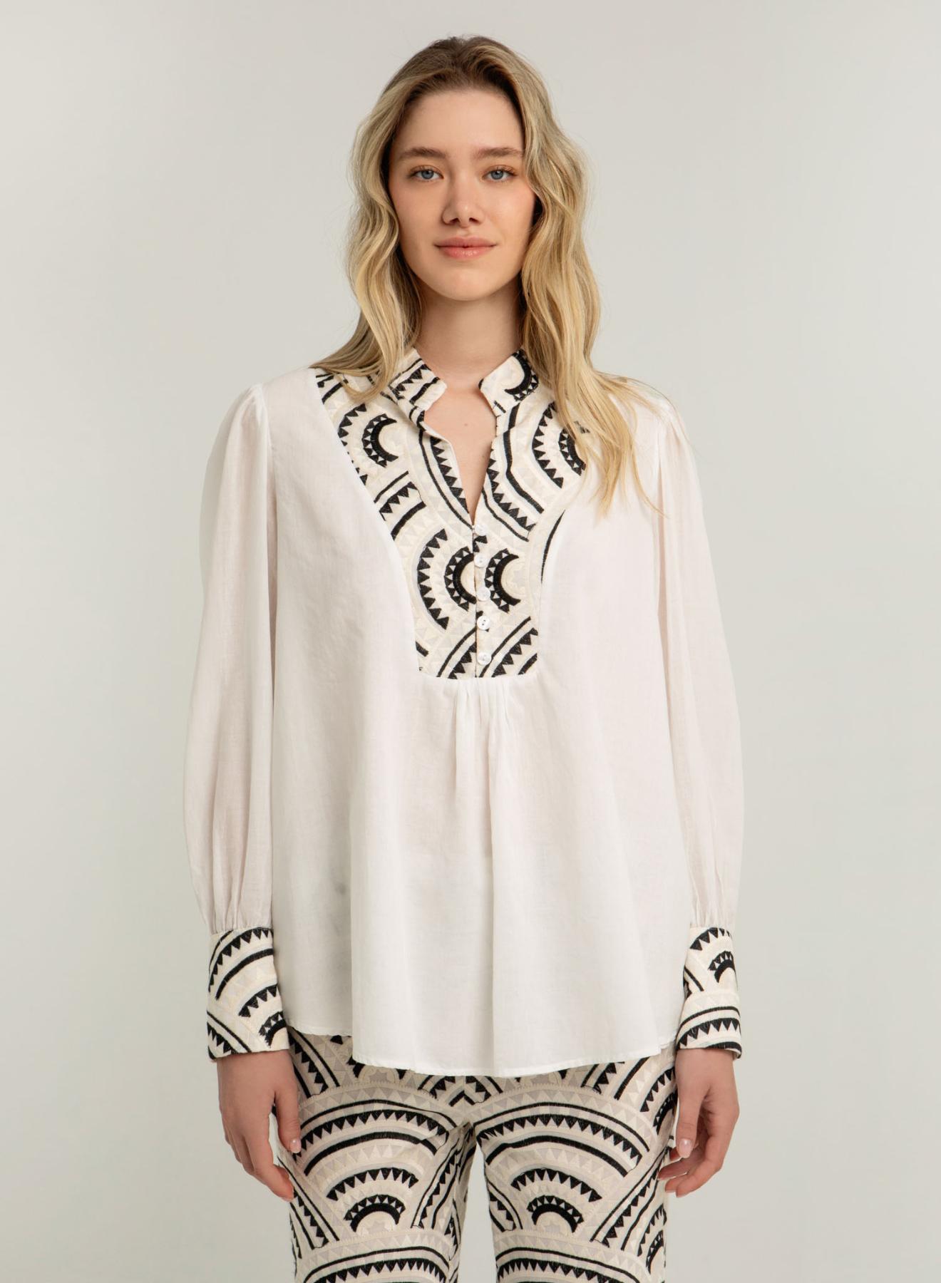 White-Black-Ecru New Triangle Blouse with long sleeves and with V neckline and buttons Greek Archaic Kori - 1