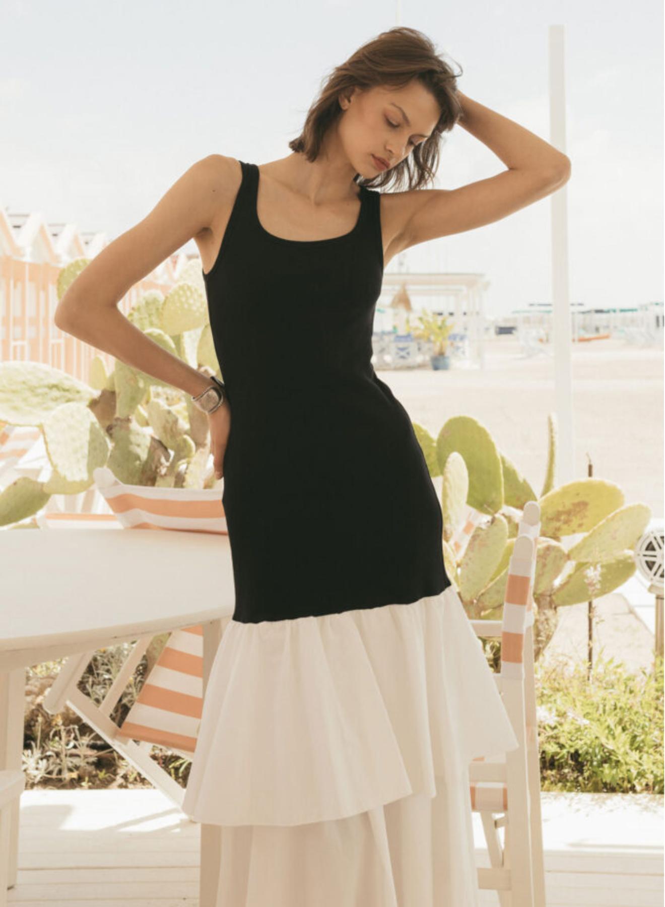 Black-White sleeveless Dress with two different fabrics and with ruffles Tensione In - 2