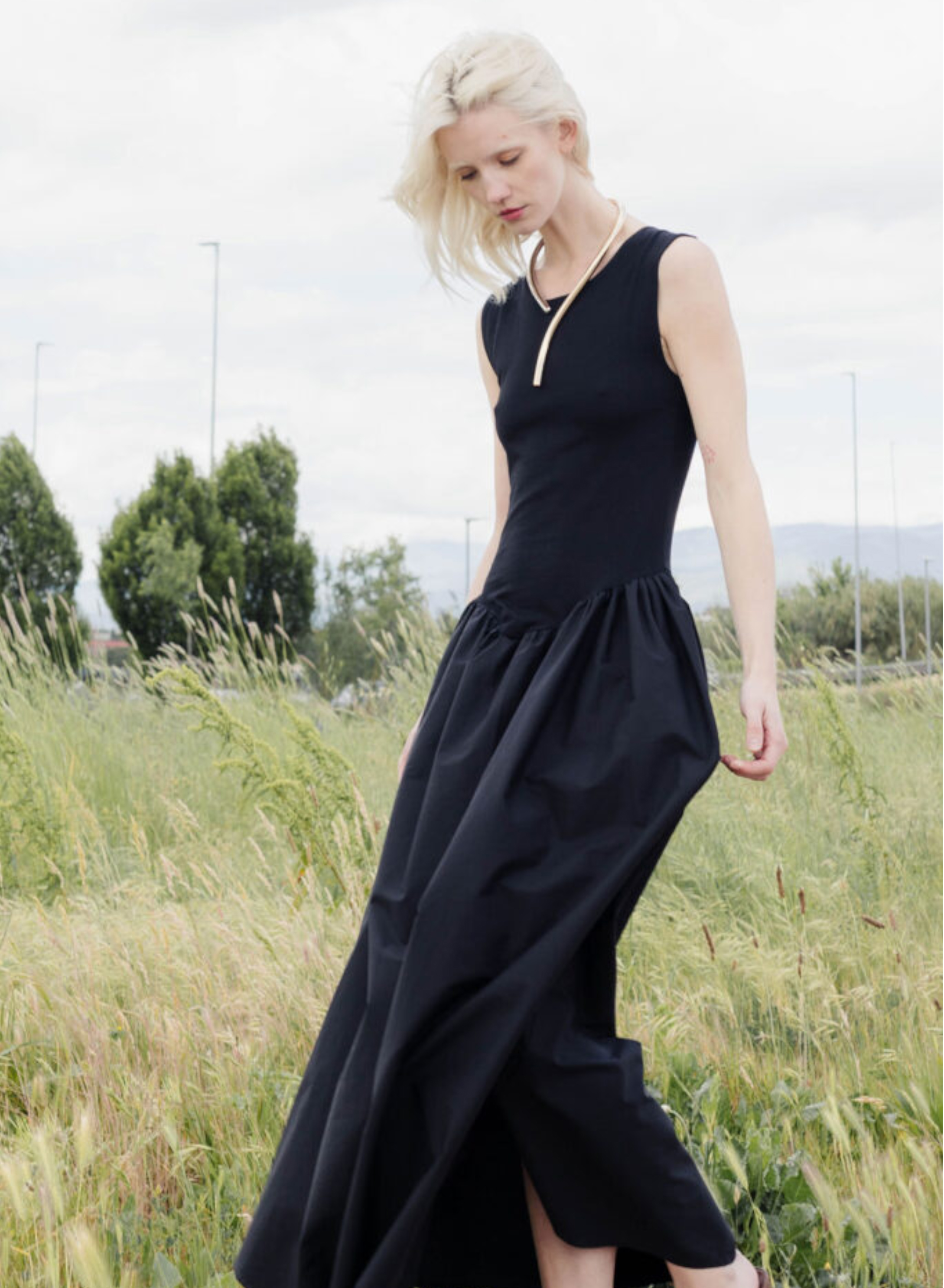 Black sleeveless Dress with two different fabrics Tensione In - 4