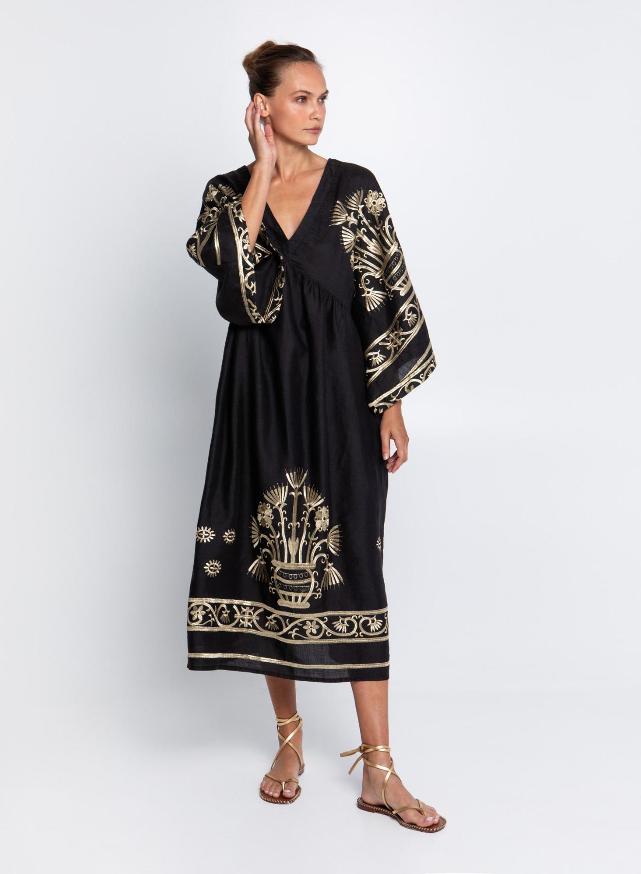 Black-Gold Crete Dress with long bell sleeves and with V neckline Greek Archaic Kori - 1