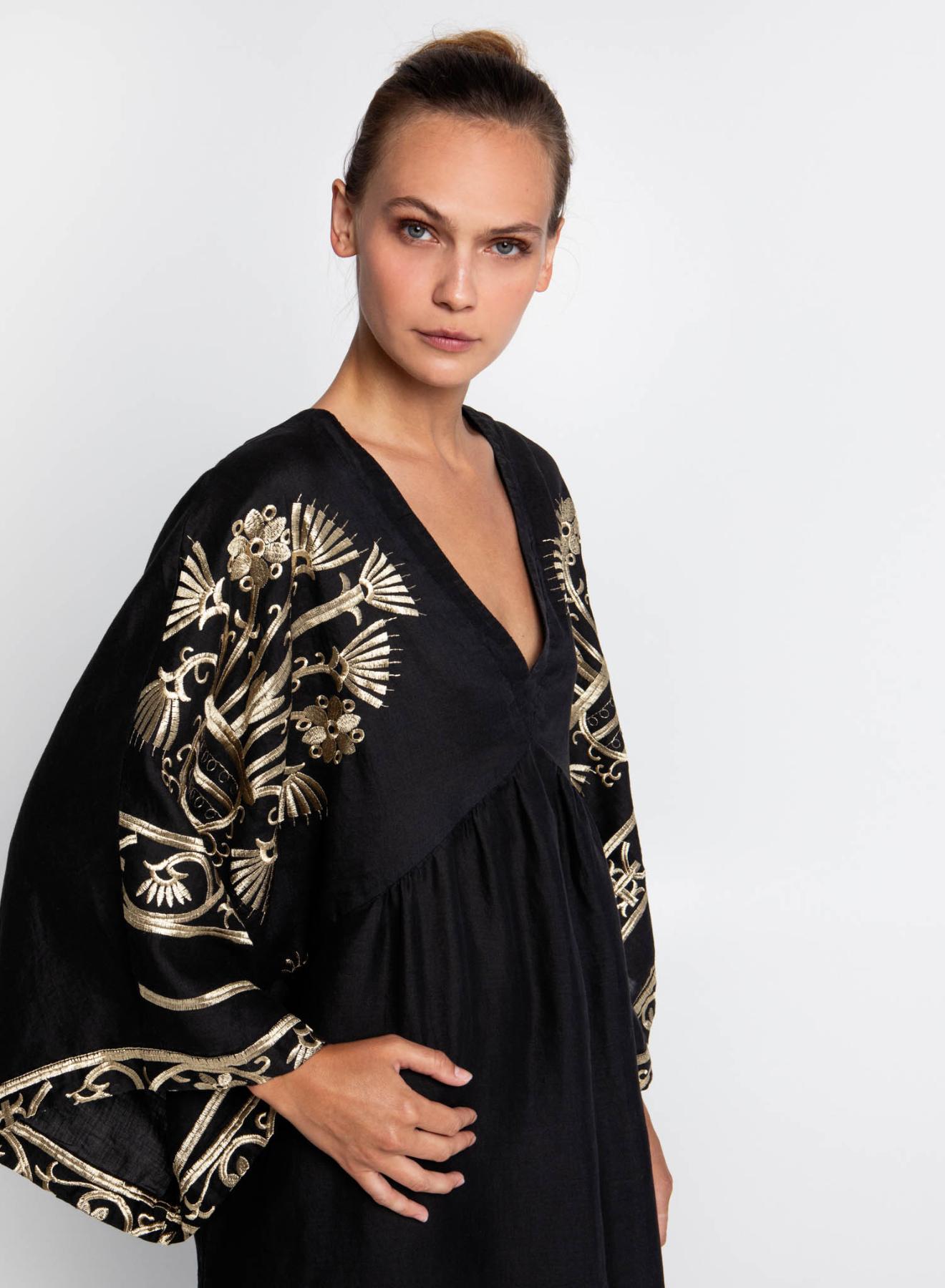 Black-Gold Crete Dress with long bell sleeves and with V neckline Greek Archaic Kori - 2