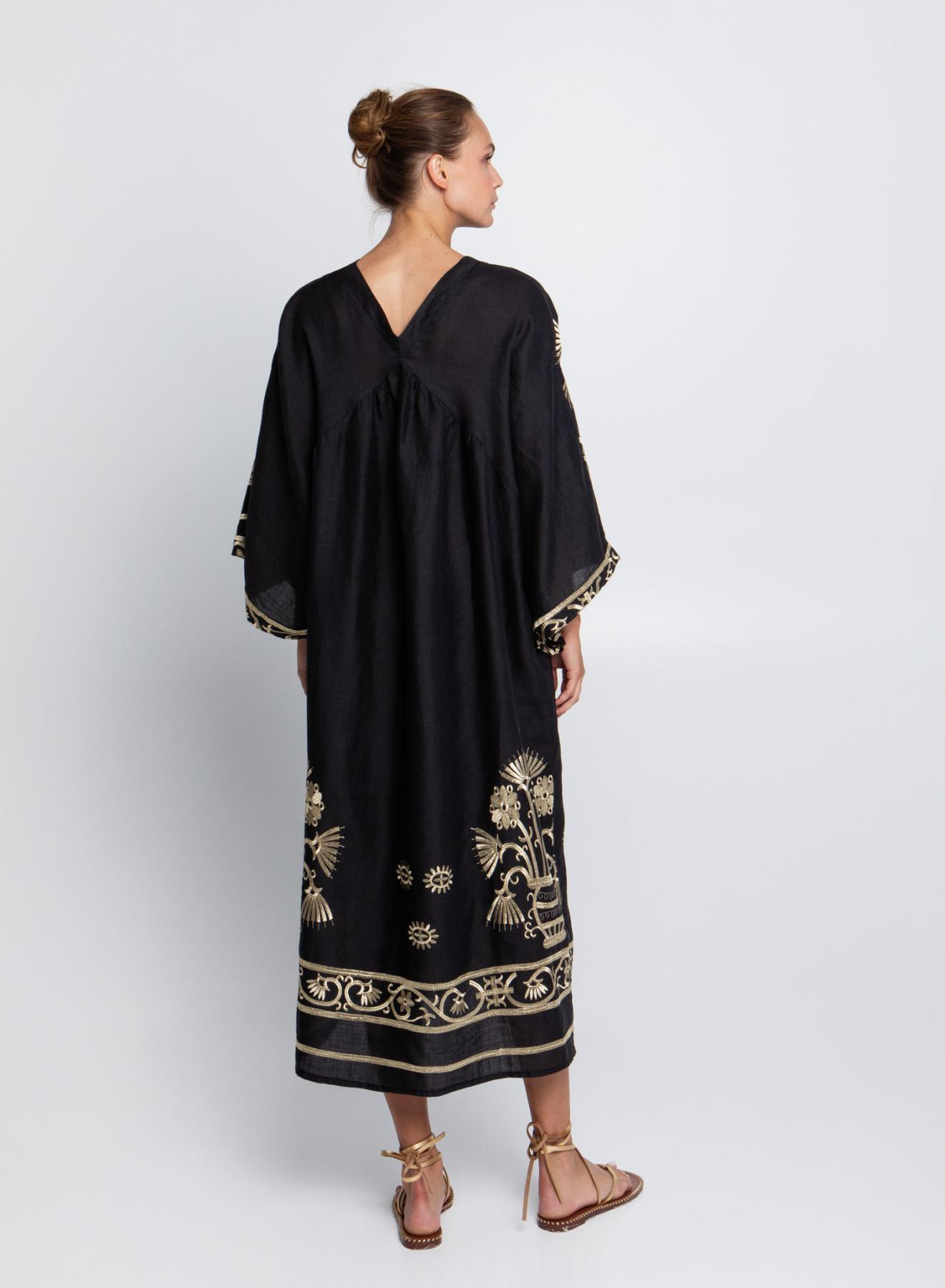 Black-Gold Crete Dress with long bell sleeves and with V neckline Greek Archaic Kori - 3