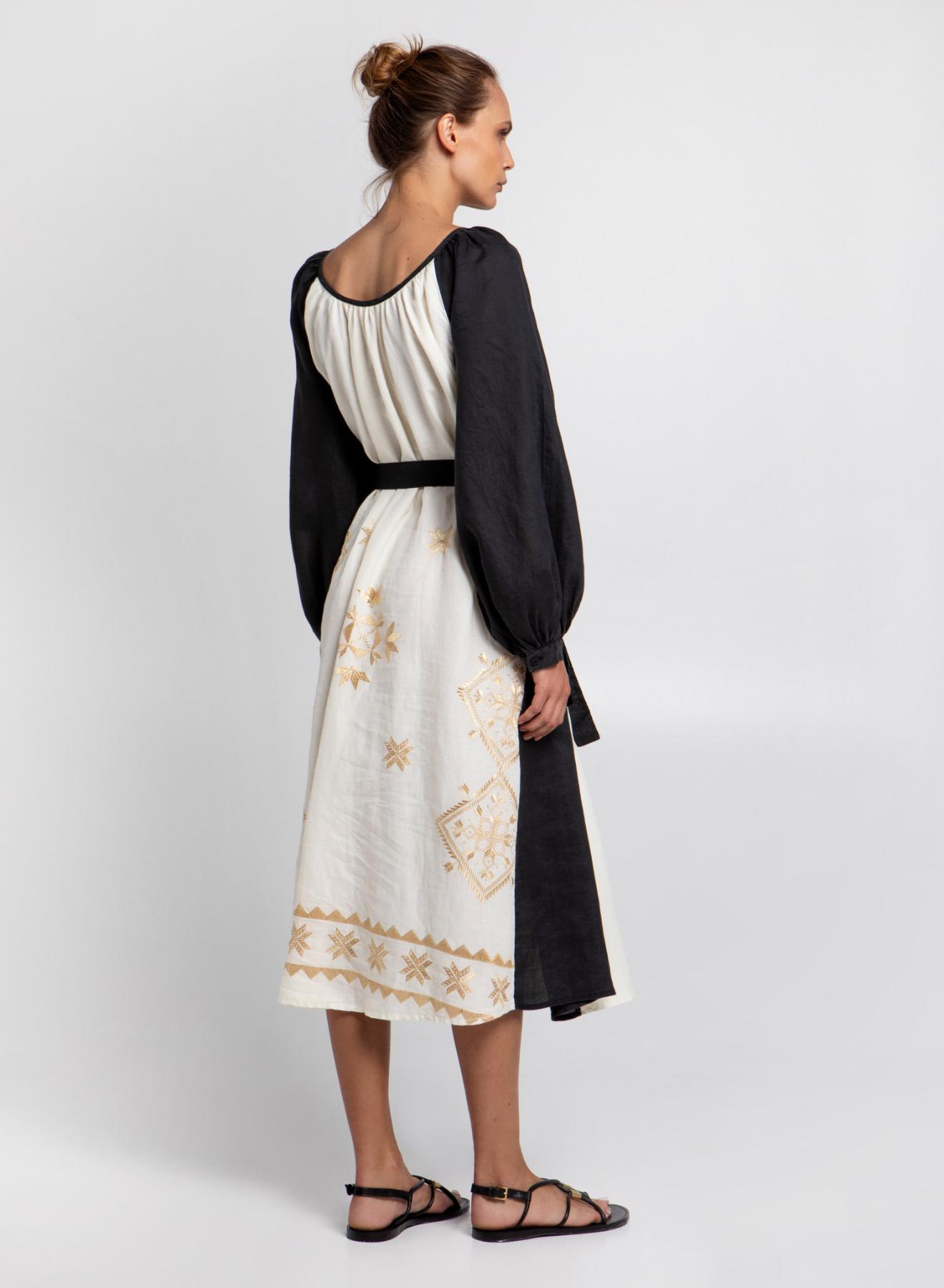 Natural-Black-Gold two-toned Lefkada Dress with belt and long sleeves Greek Archaic Kori - 4