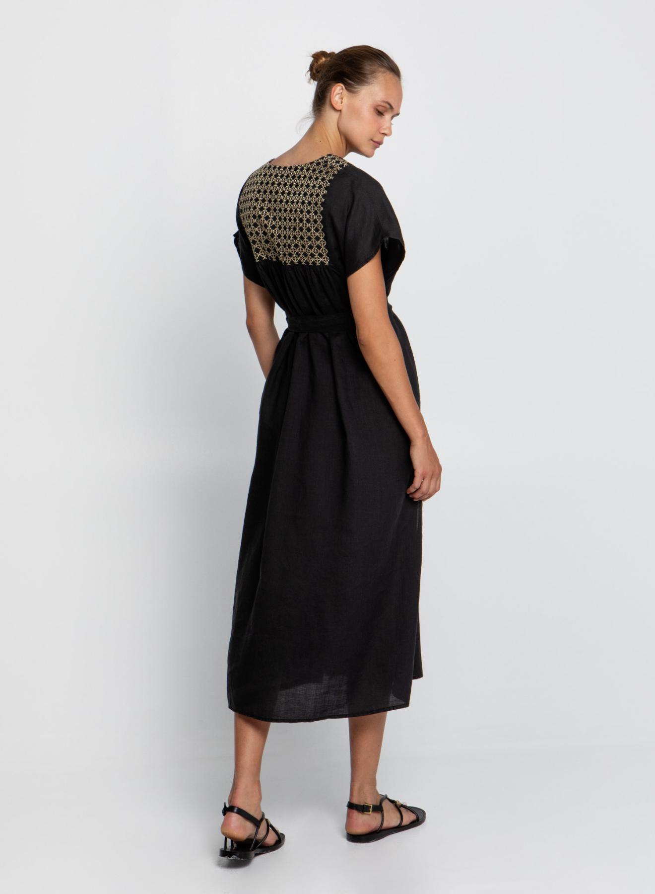 Black-Gold Cross Dress with belt, short sleeves and V neckline  Greek Archaic Kori - 4