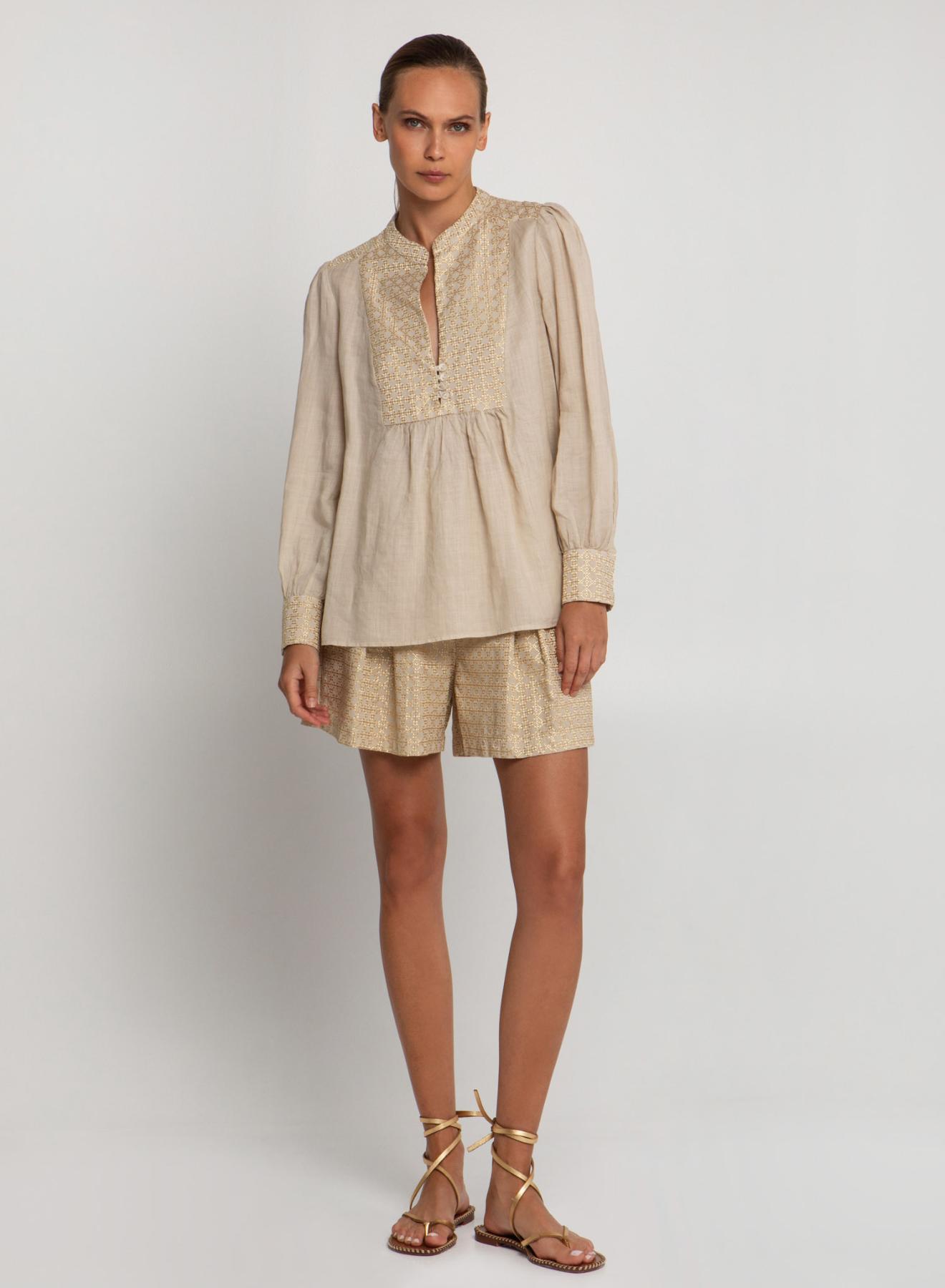 Beige-Gold Cross Blouse with long sleeves Greek Archaic Kori - 4