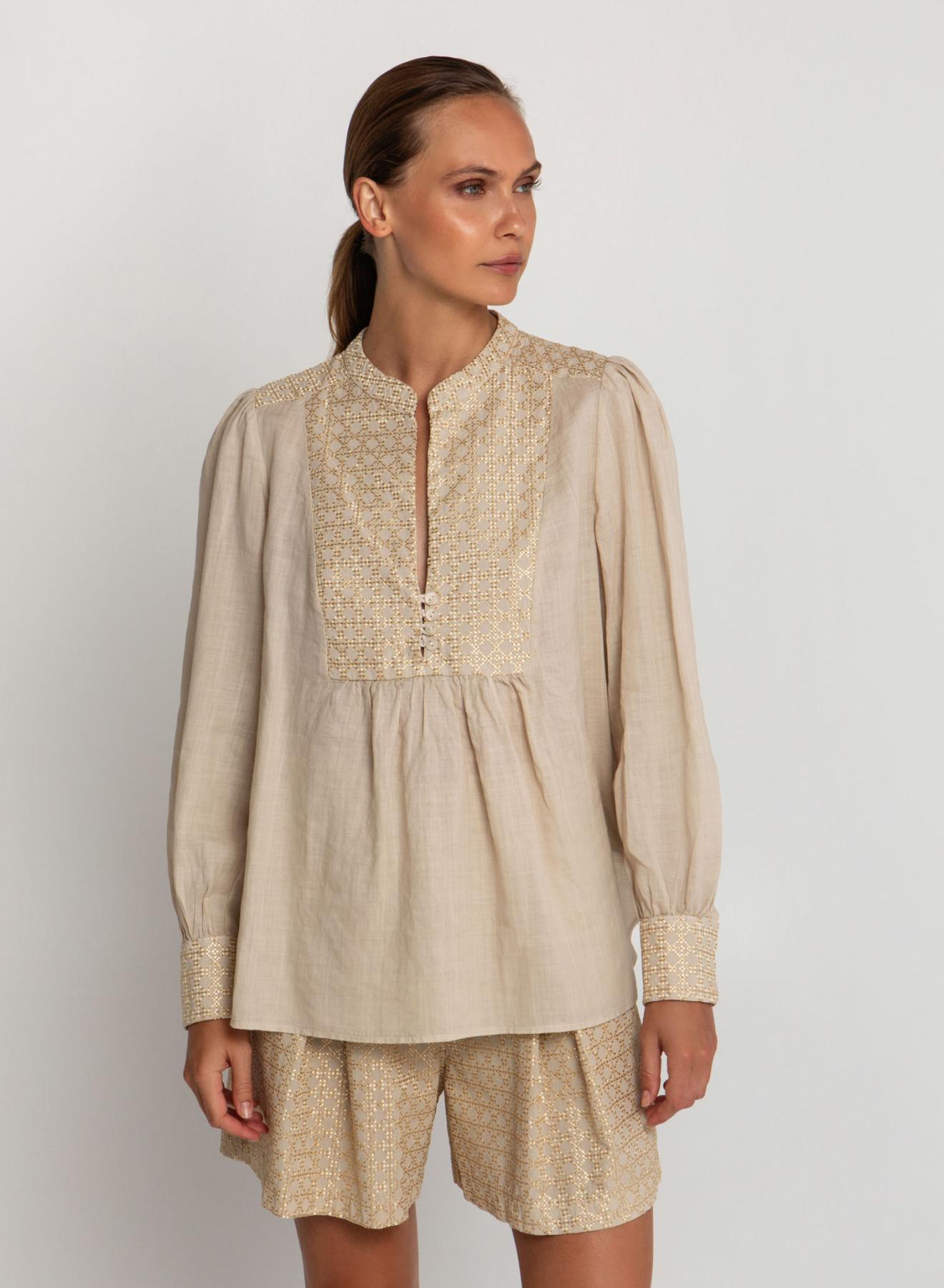 Beige-Gold Cross Blouse with long sleeves Greek Archaic Kori - 1