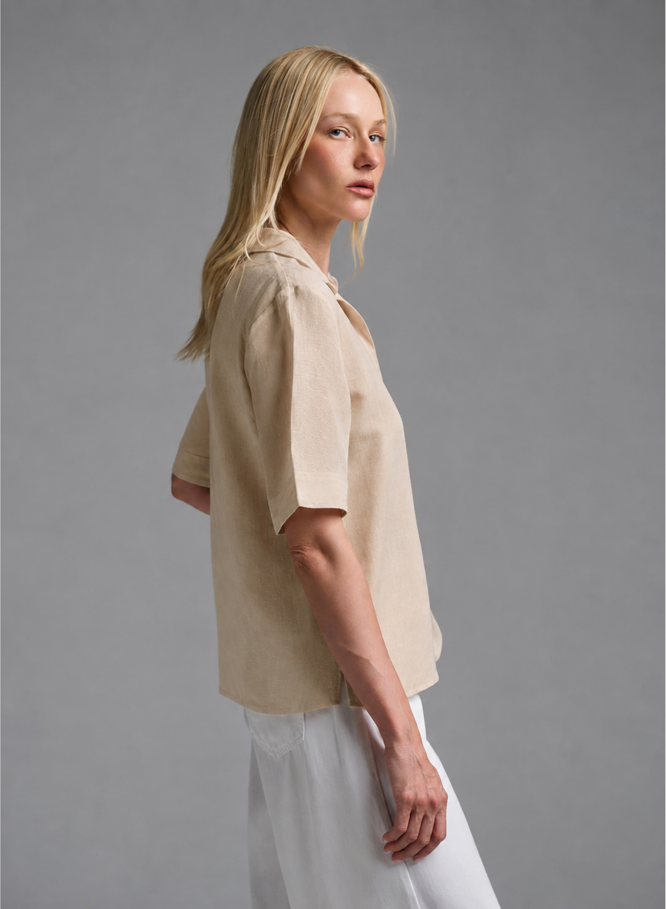 Beige Blouse with short sleeves, V neckline and with lapel collar Emme Marella - 2