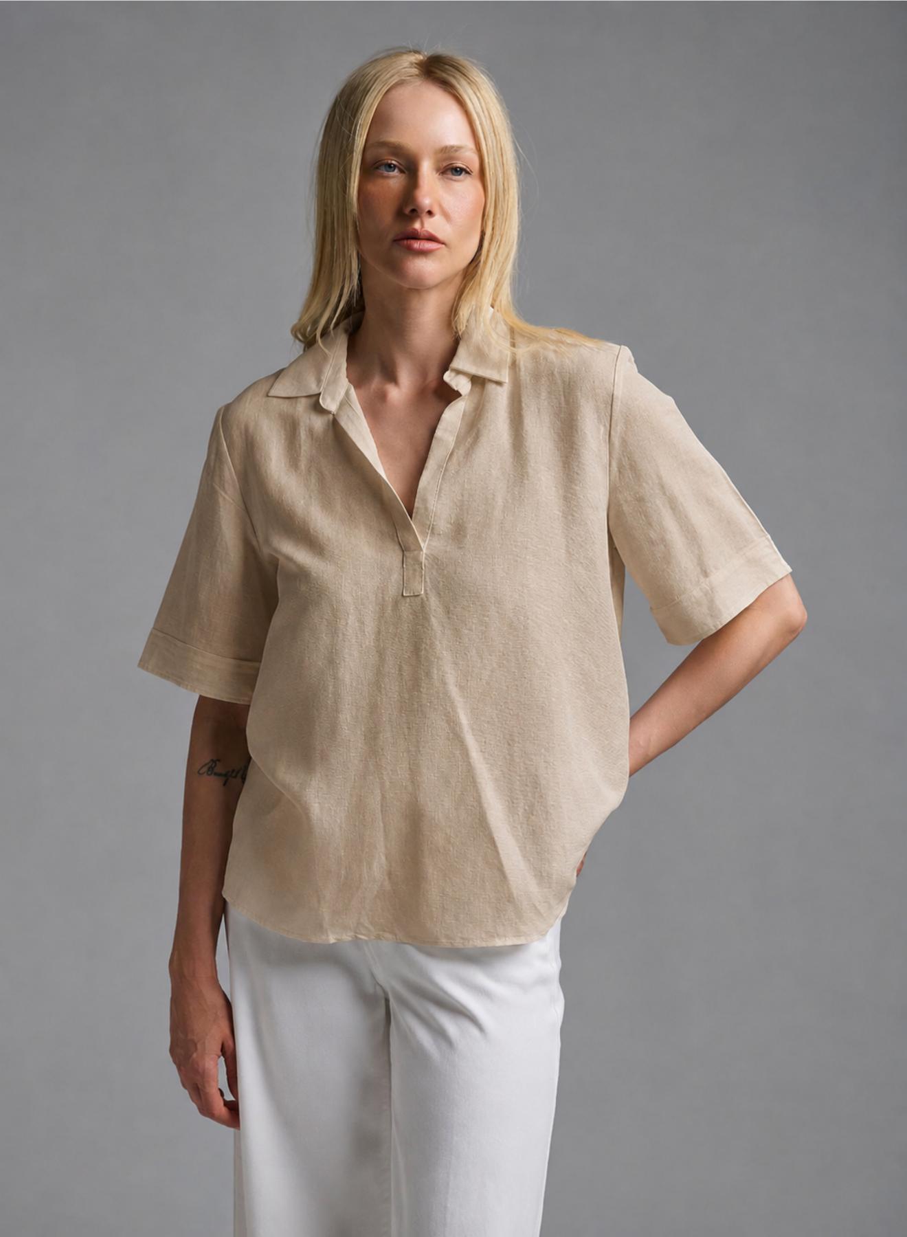 Beige Blouse with short sleeves, V neckline and with lapel collar Emme Marella - 2