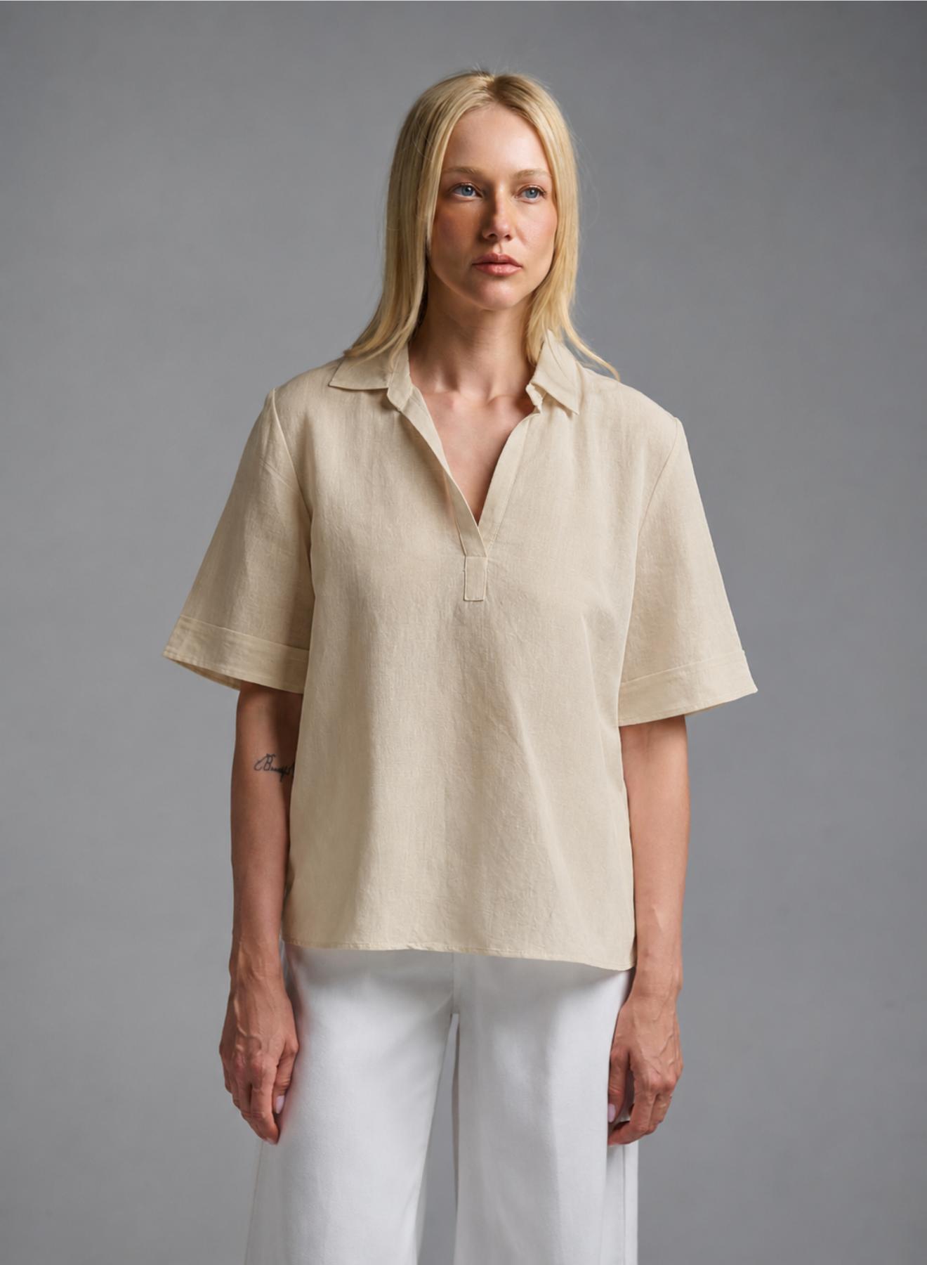Beige Blouse with short sleeves, V neckline and with lapel collar Emme Marella - 1