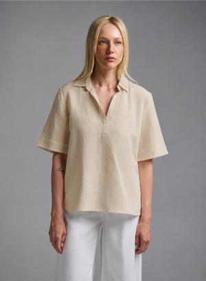 Beige Blouse with short sleeves, V neckline and with lapel collar Emme Marella - 63513