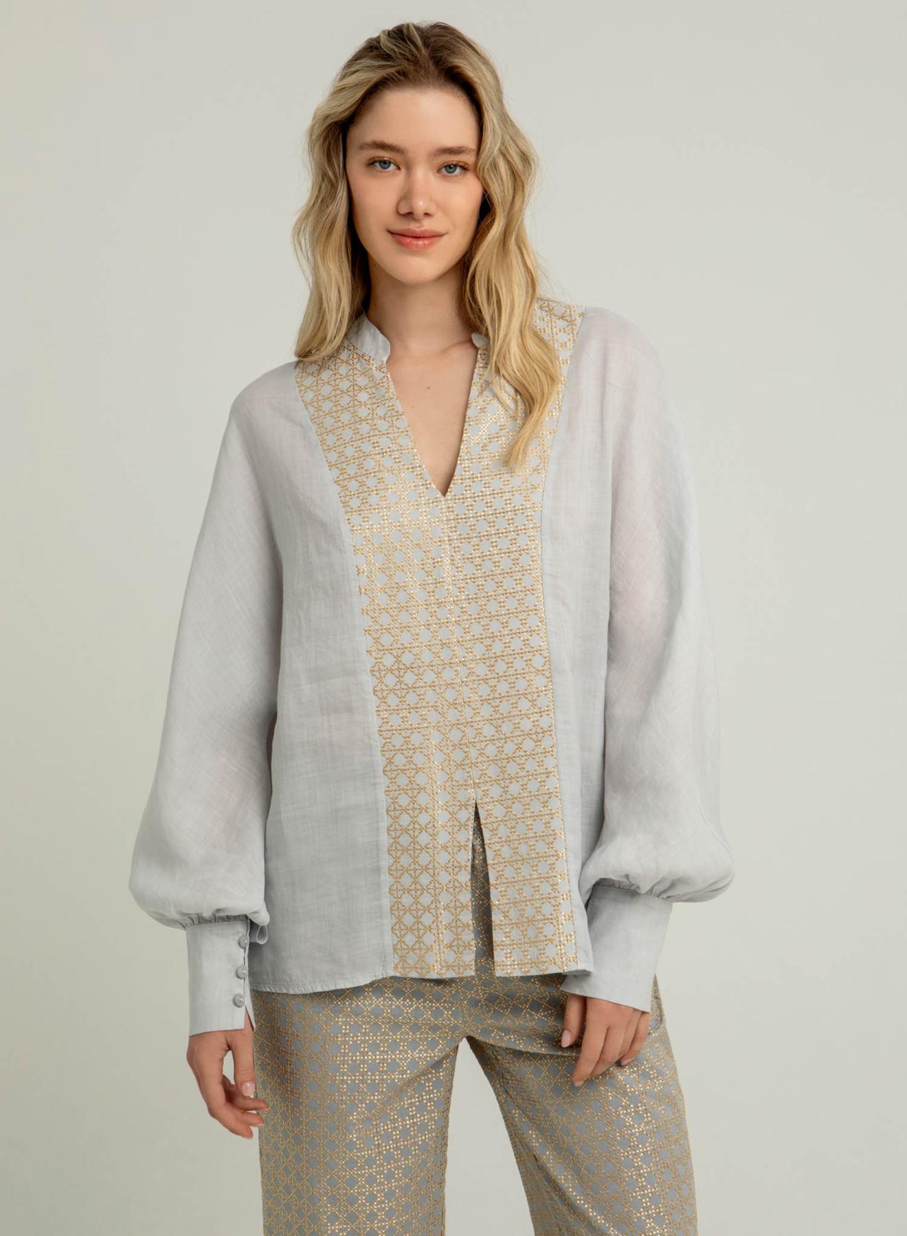 Light Grey-Gold Cross Blouse with long sleeves and with V neckline Greek Archaic Kori - 1