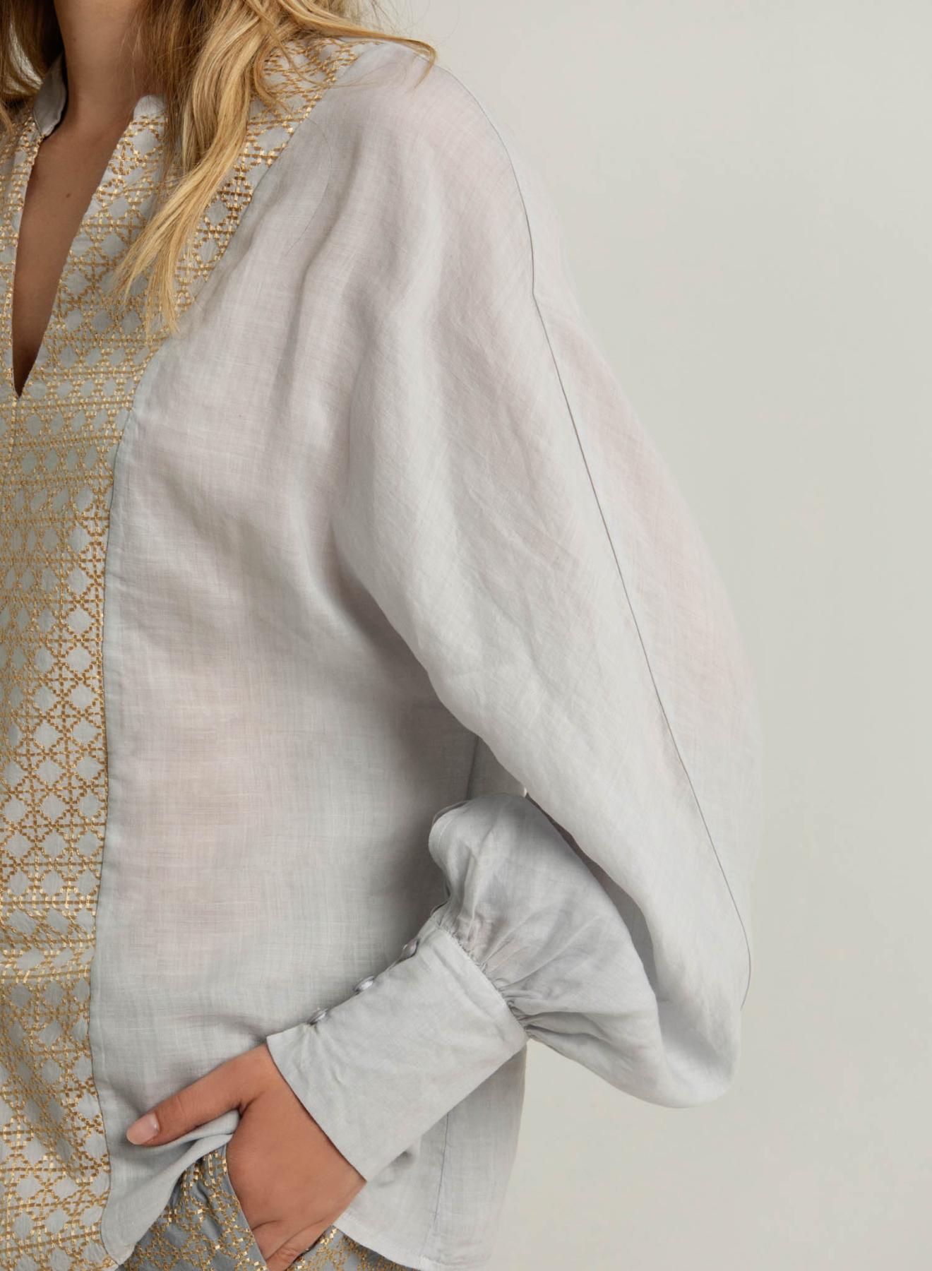 Light Grey-Gold Cross Blouse with long sleeves and with V neckline Greek Archaic Kori - 2