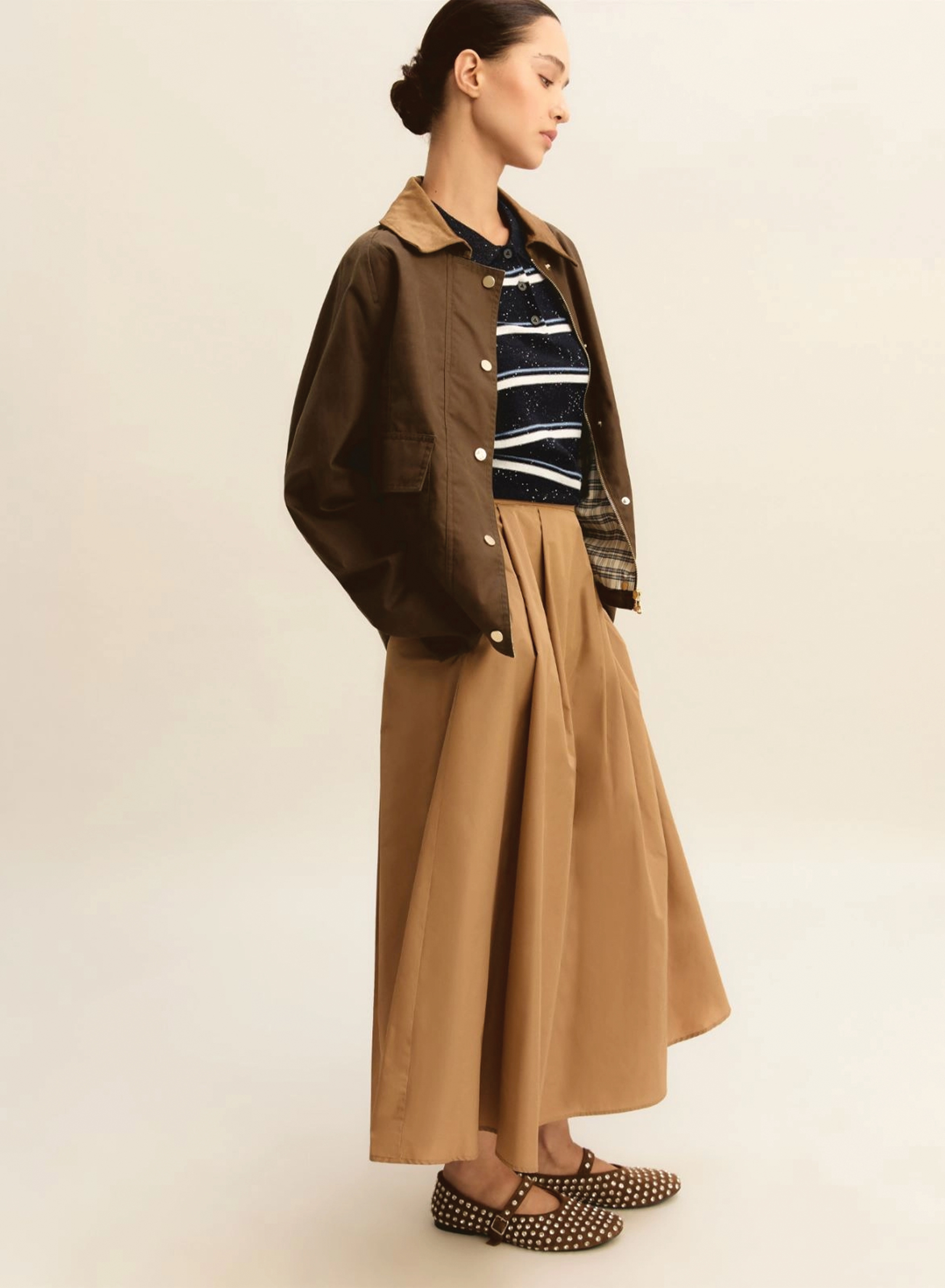 Κάμελ Φούστα ταφτάς με πιέτες και με λάστιχο στη μέση πίσω Emme Marella - 1