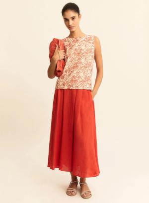 Πορτοκαλί λινή Φούστα με πιέτες και με λάστιχο στη μέση πίσω Emme Marella - 57235