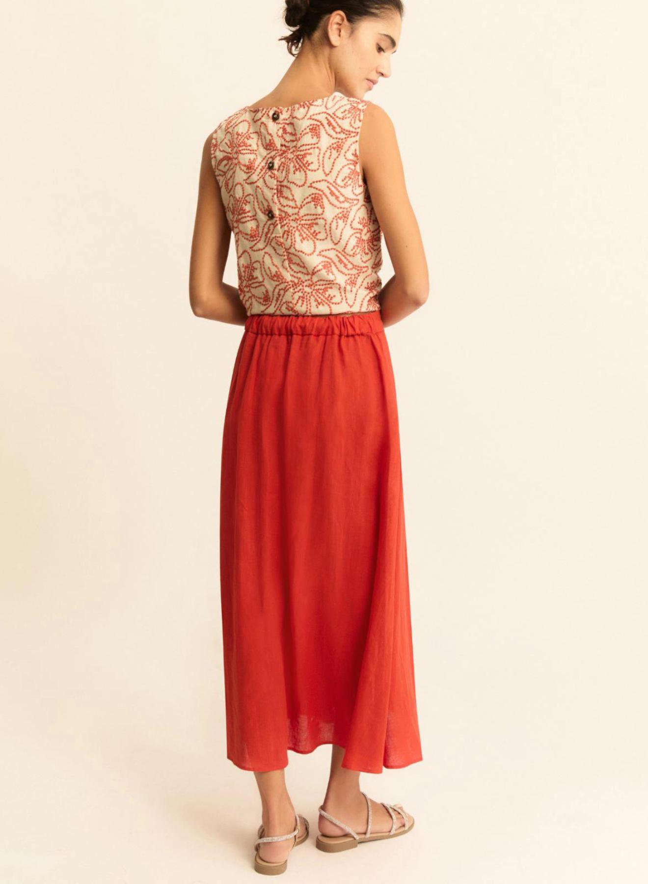 Πορτοκαλί λινή Φούστα με πιέτες και με λάστιχο στη μέση πίσω Emme Marella - 2