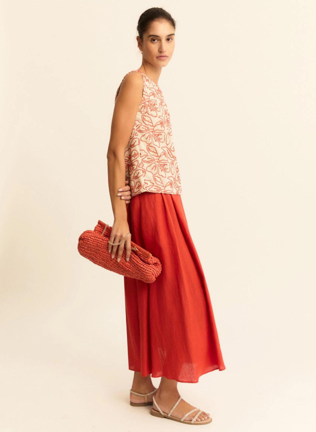 Πορτοκαλί λινή Φούστα με πιέτες και με λάστιχο στη μέση πίσω Emme Marella - 4