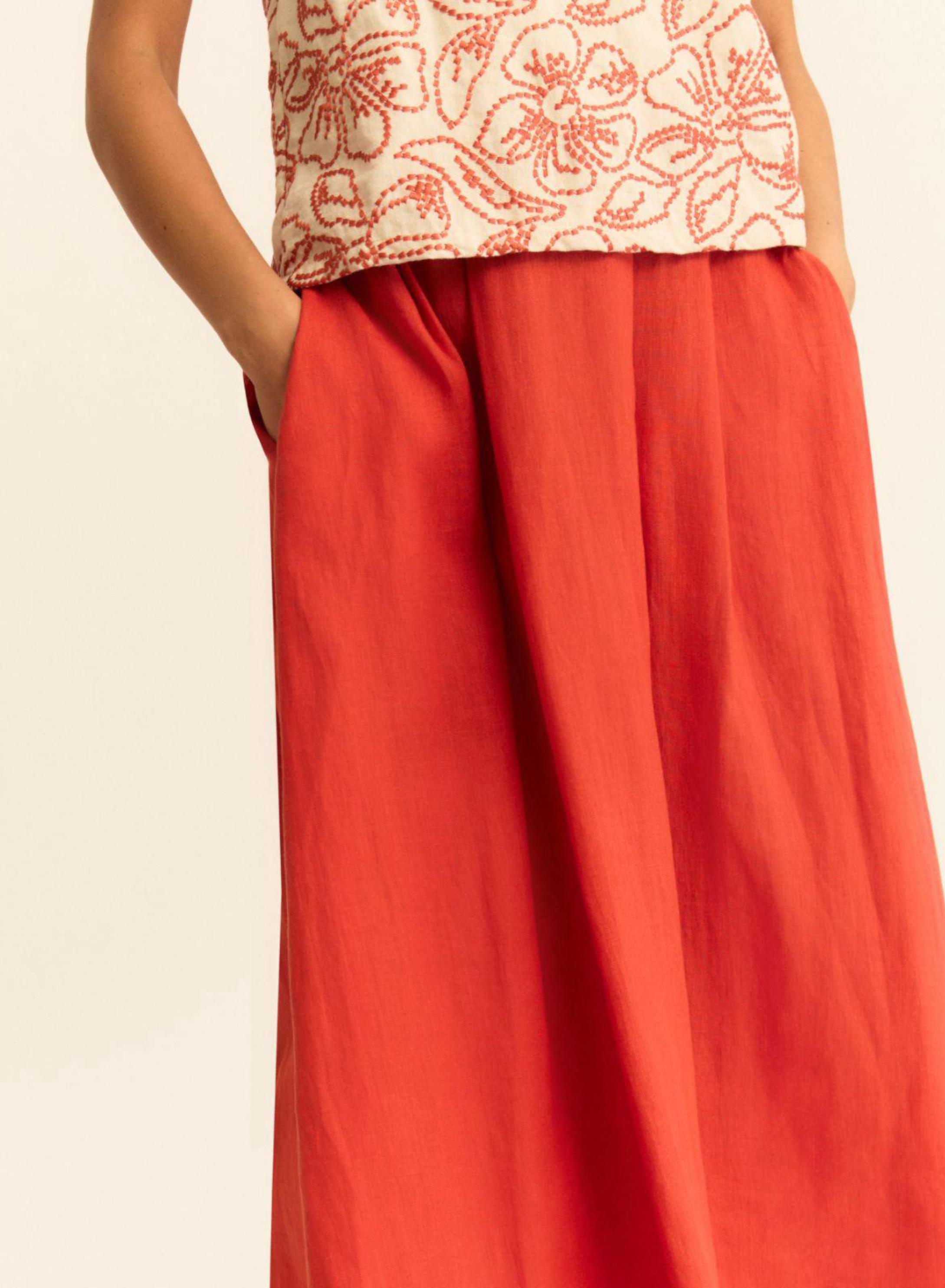 Πορτοκαλί λινή Φούστα με πιέτες και με λάστιχο στη μέση πίσω Emme Marella - 4