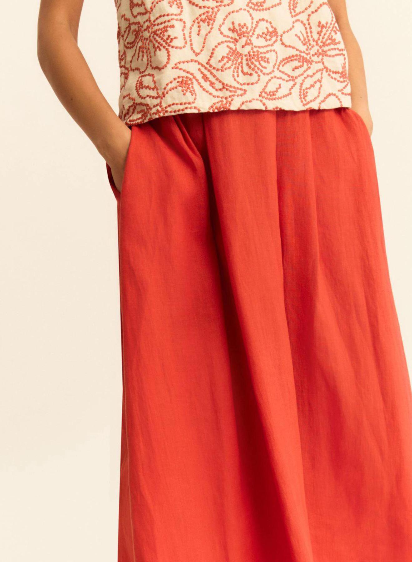 Πορτοκαλί λινή Φούστα με πιέτες και με λάστιχο στη μέση πίσω Emme Marella - 5