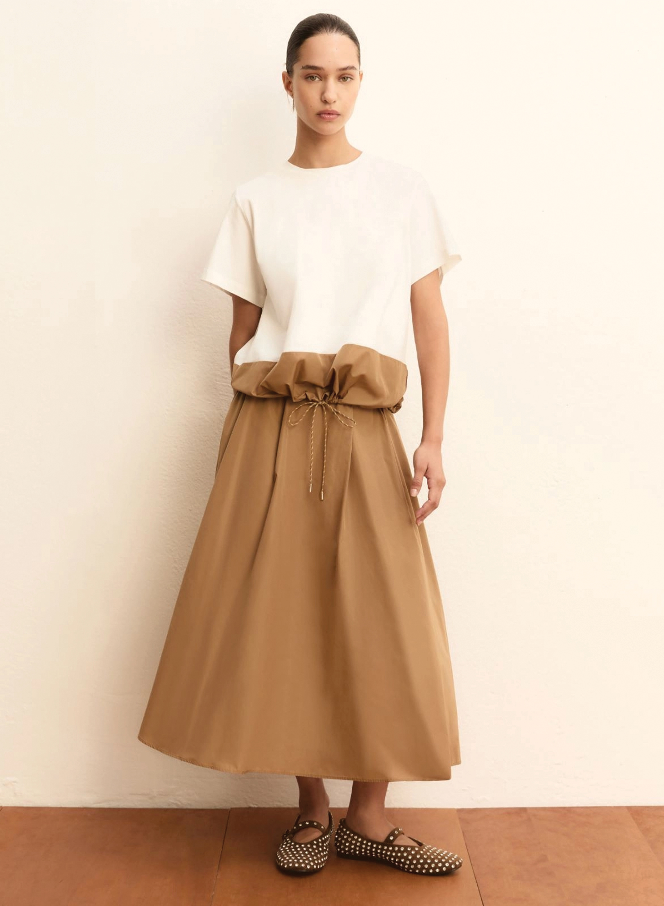 Λευκή-Κάμελ Μπλούζα ταφτάς με βαμβάκι και με κορδόνι στο τελείωμα Emme Marella - 4