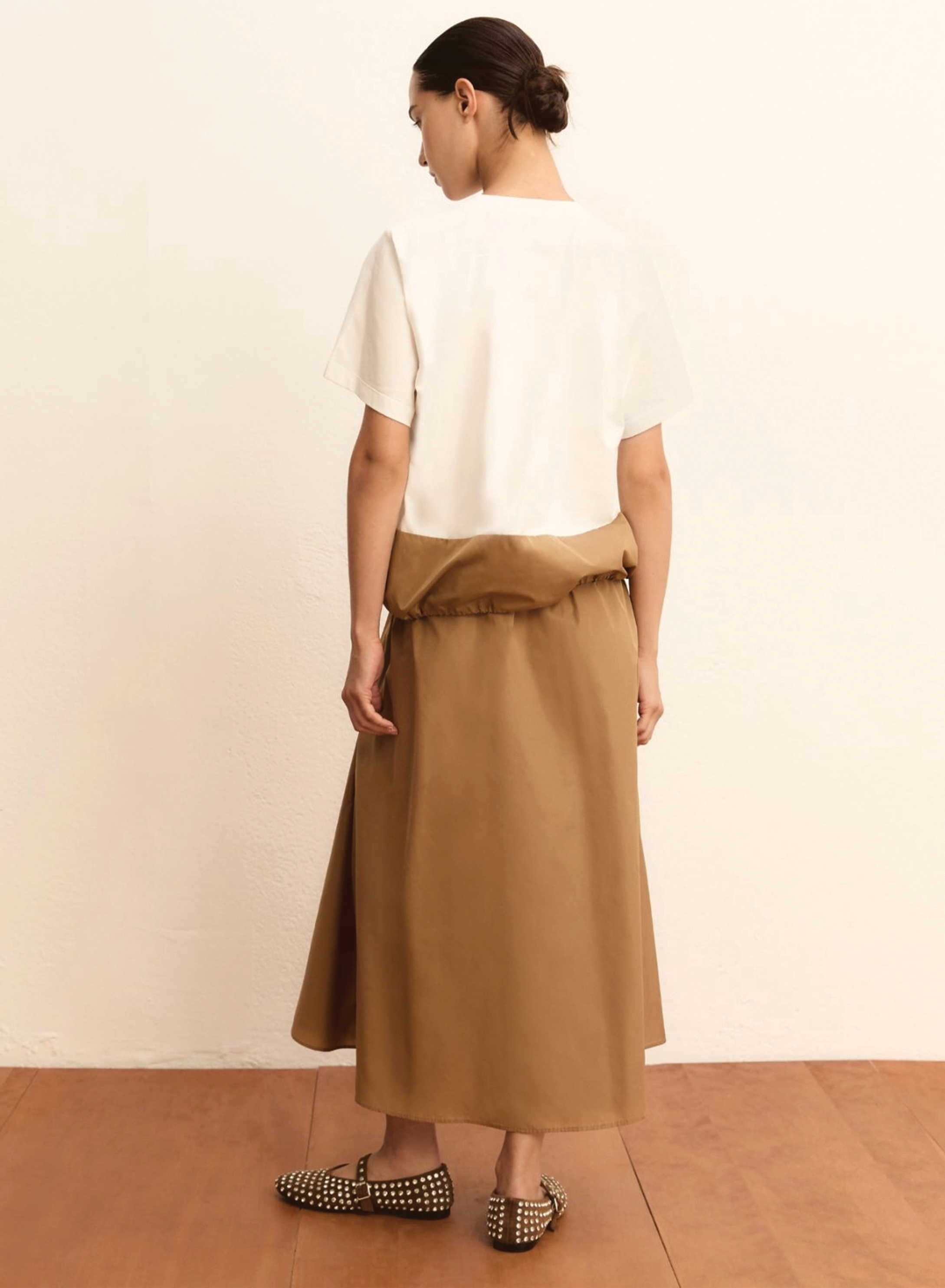 Λευκή-Κάμελ Μπλούζα ταφτάς με βαμβάκι και με κορδόνι στο τελείωμα Emme Marella - 3