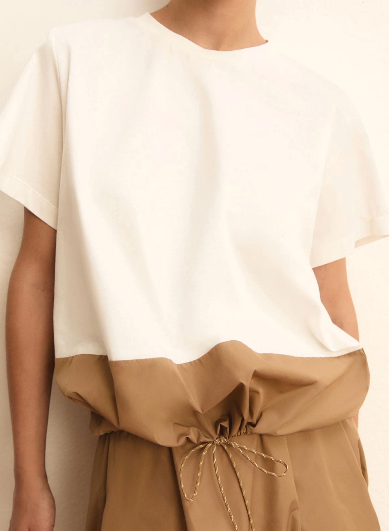 Λευκή-Κάμελ Μπλούζα ταφτάς με βαμβάκι και με κορδόνι στο τελείωμα Emme Marella - 3