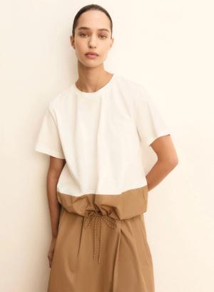 Λευκή-Κάμελ Μπλούζα ταφτάς με βαμβάκι και με κορδόνι στο τελείωμα Emme Marella - 55140