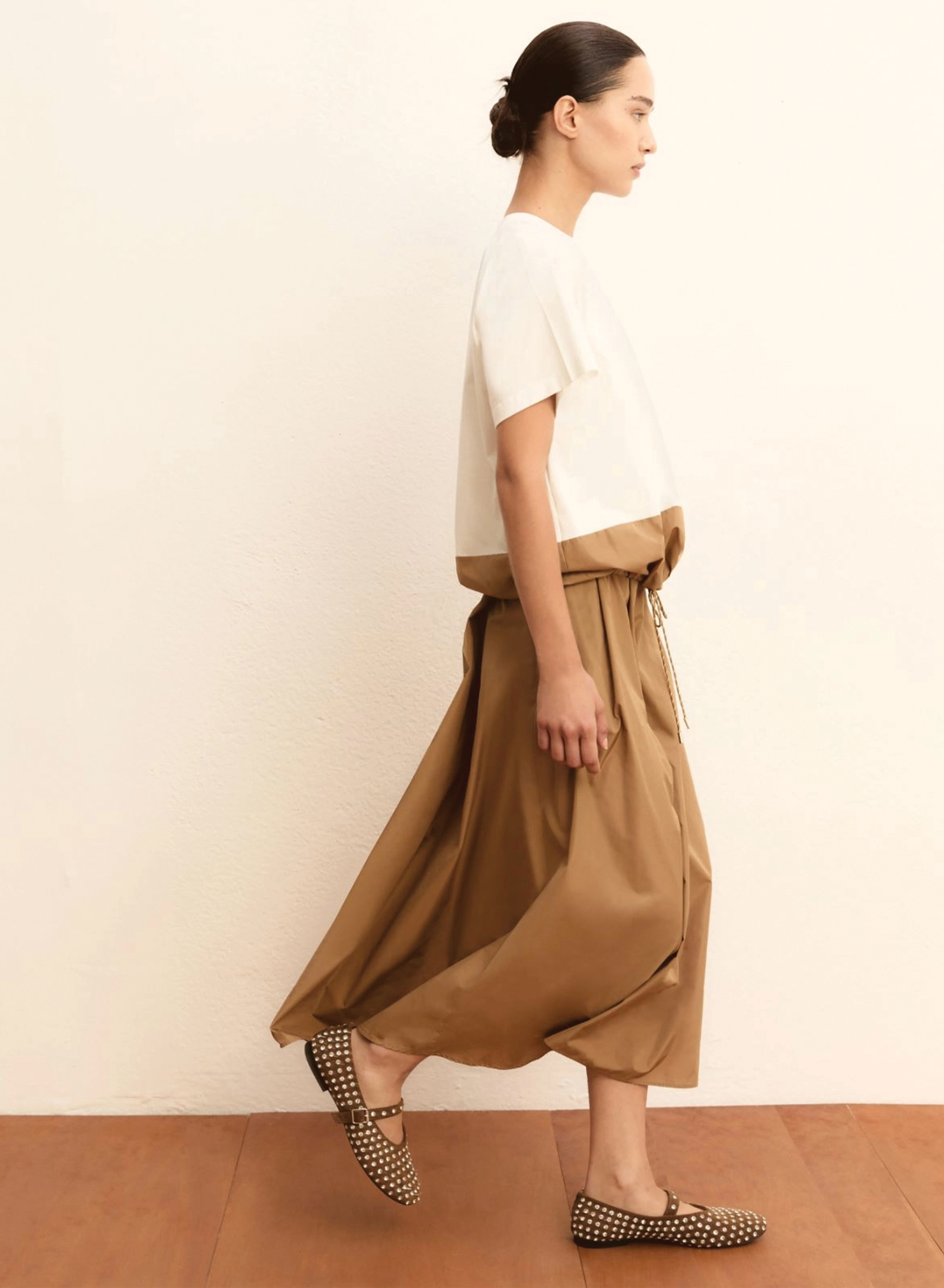 Λευκή-Κάμελ Μπλούζα ταφτάς με βαμβάκι και με κορδόνι στο τελείωμα Emme Marella - 1