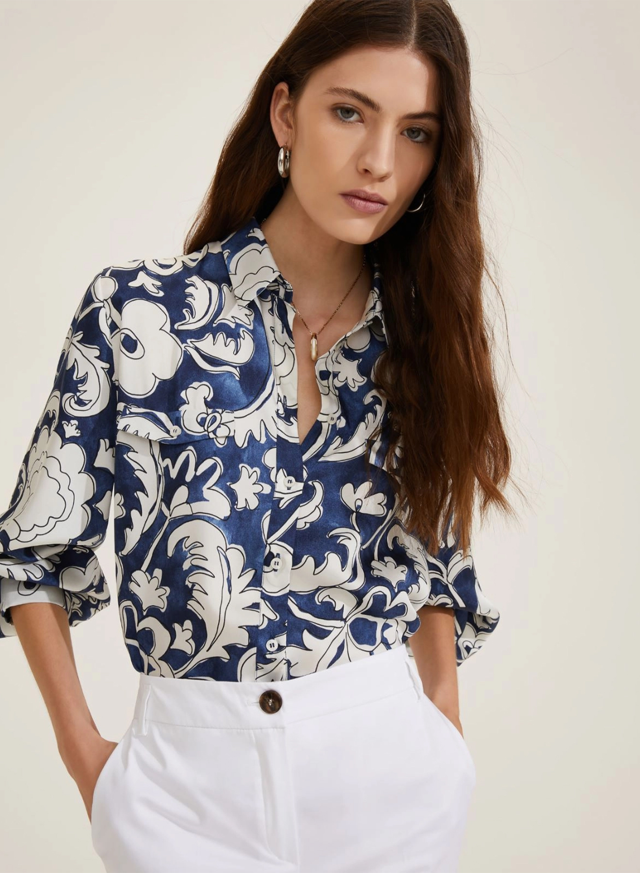 Navy Blue-Εκρού Πουκάμισο twill με σχέδια Emme Marella - 2