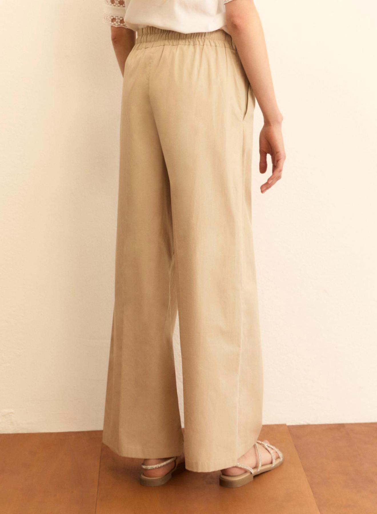 Μπεζ wide legs Παντελόνι ποπλίνα με λάστιχο και κορδόνι στη μέση Emme Marella - 2