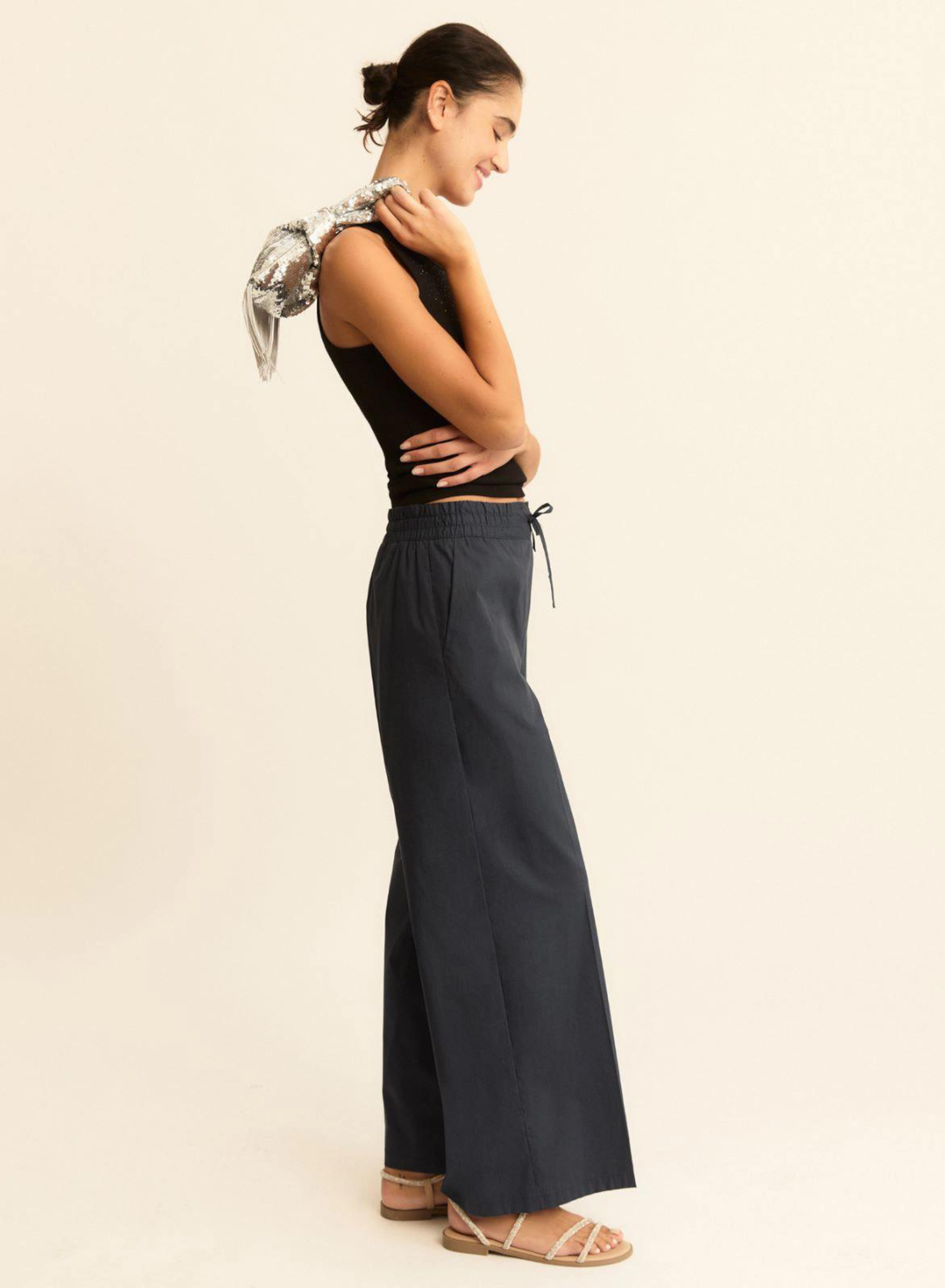 Navy Blue wide legs Παντελόνι ποπλίνα με λάστιχο και κορδόνι στη μέση Emme Marella - 3