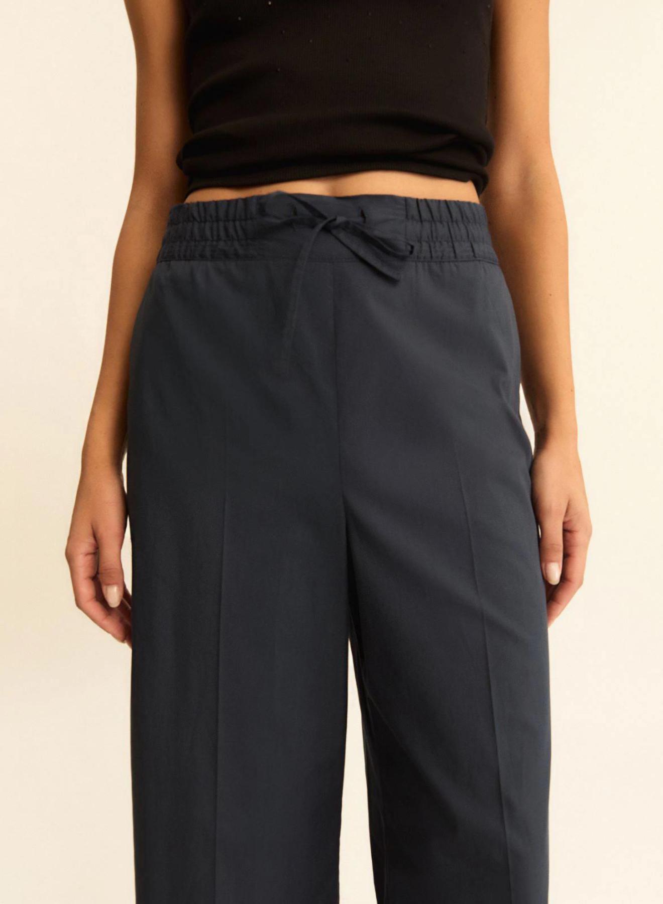 Navy Blue wide legs Παντελόνι ποπλίνα με λάστιχο και κορδόνι στη μέση Emme Marella - 5