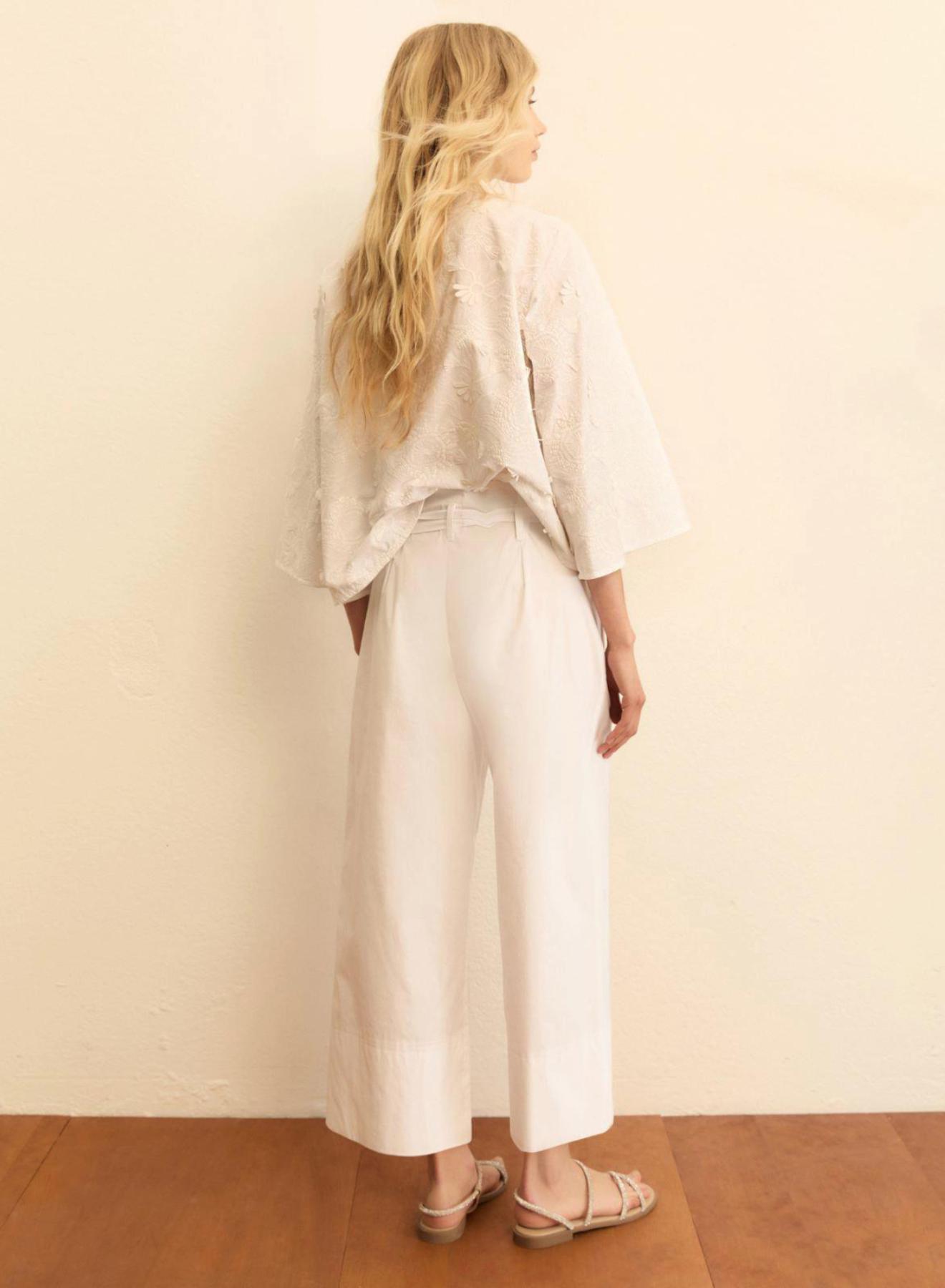 Λευκό Παντελόνι ποπλίνα με ζώνη και με πιέτες Emme Marella - 2