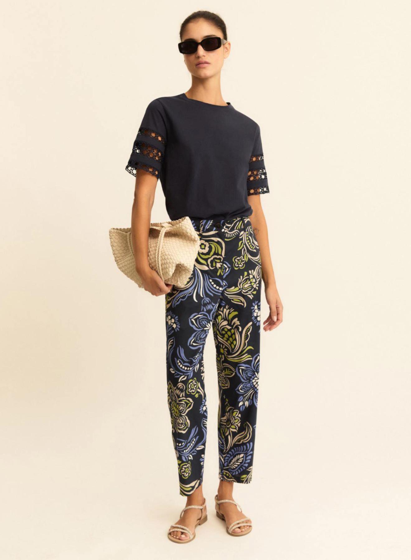 Navy Floral Παντελόνι Ποπλίνα με σχέδια Emme Marella - 2