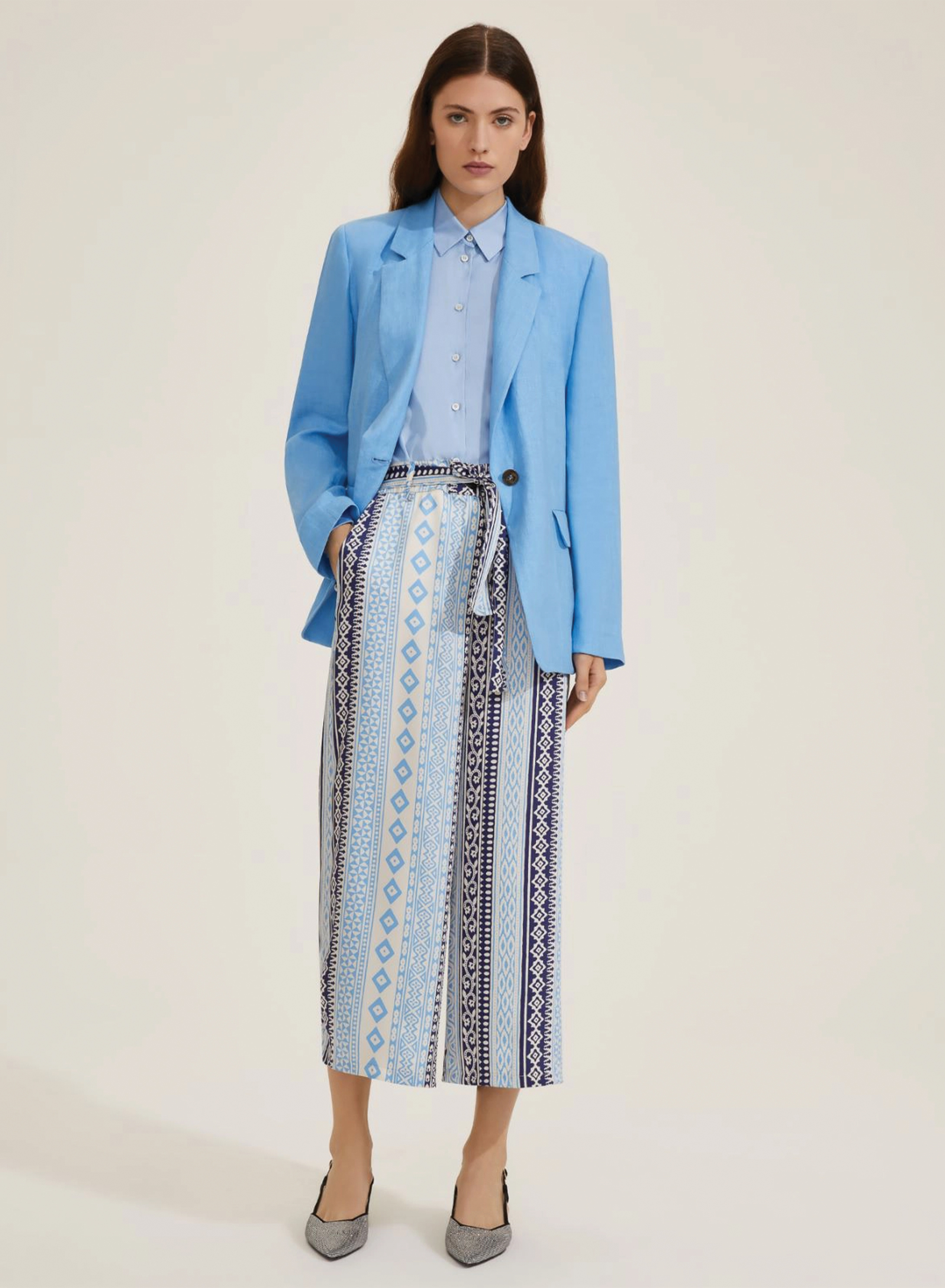 Μπλε-Γαλάζιο cropped Παντελόνι twill με σχέδια και με ζώνη σε ίδιο ύφασμα Emme Marella - 0
