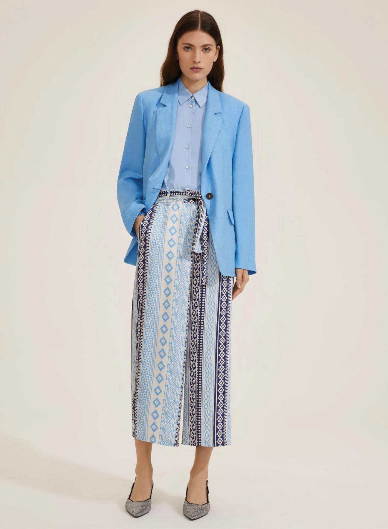 Μπλε-Γαλάζιο cropped Παντελόνι twill με σχέδια και με ζώνη σε ίδιο ύφασμα Emme Marella - 1